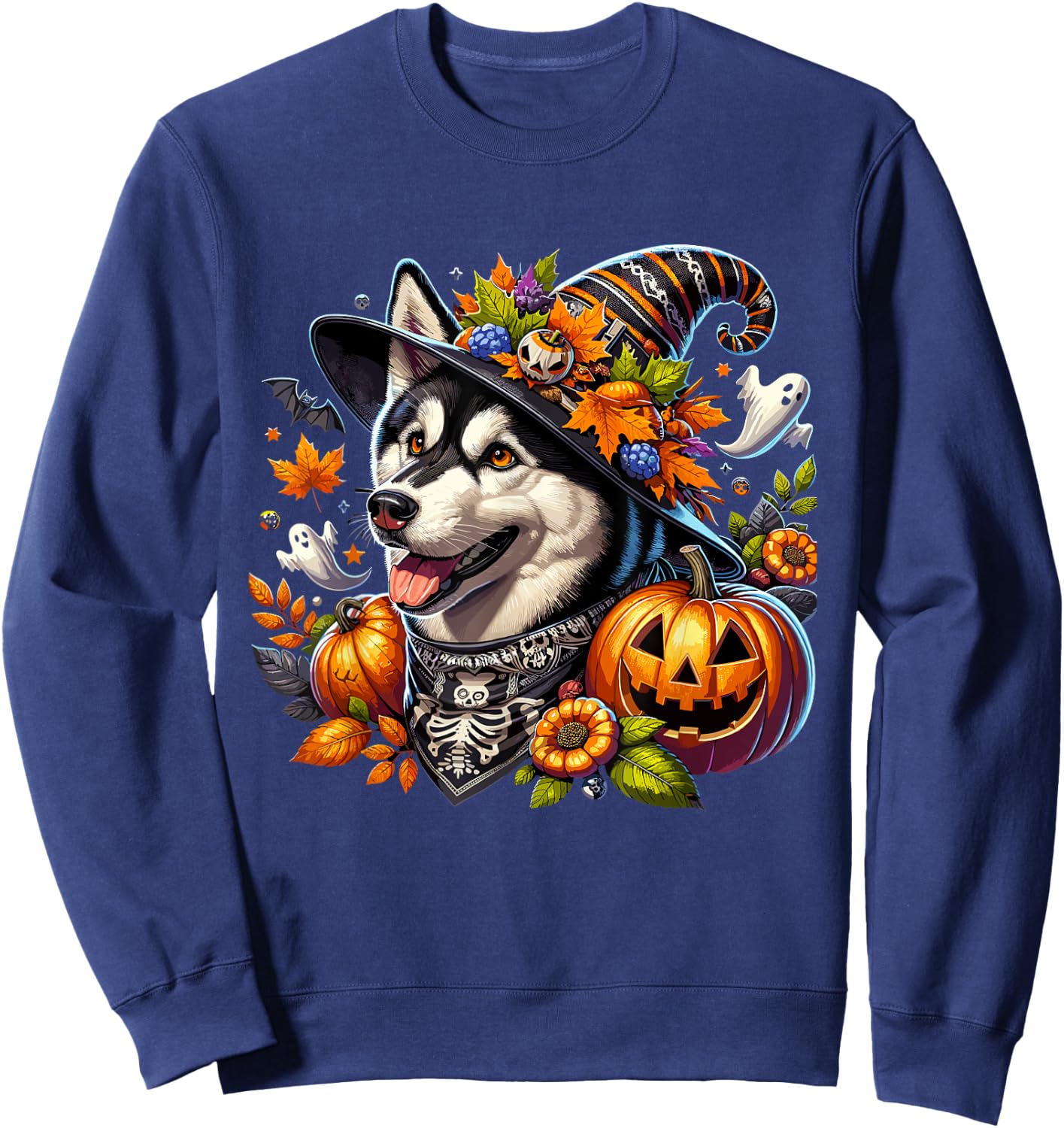 Halloween Siberian Husky Fall Leaves Autumn Pumpkin Ghost Sweatshirt - Sweatshirt | Navy