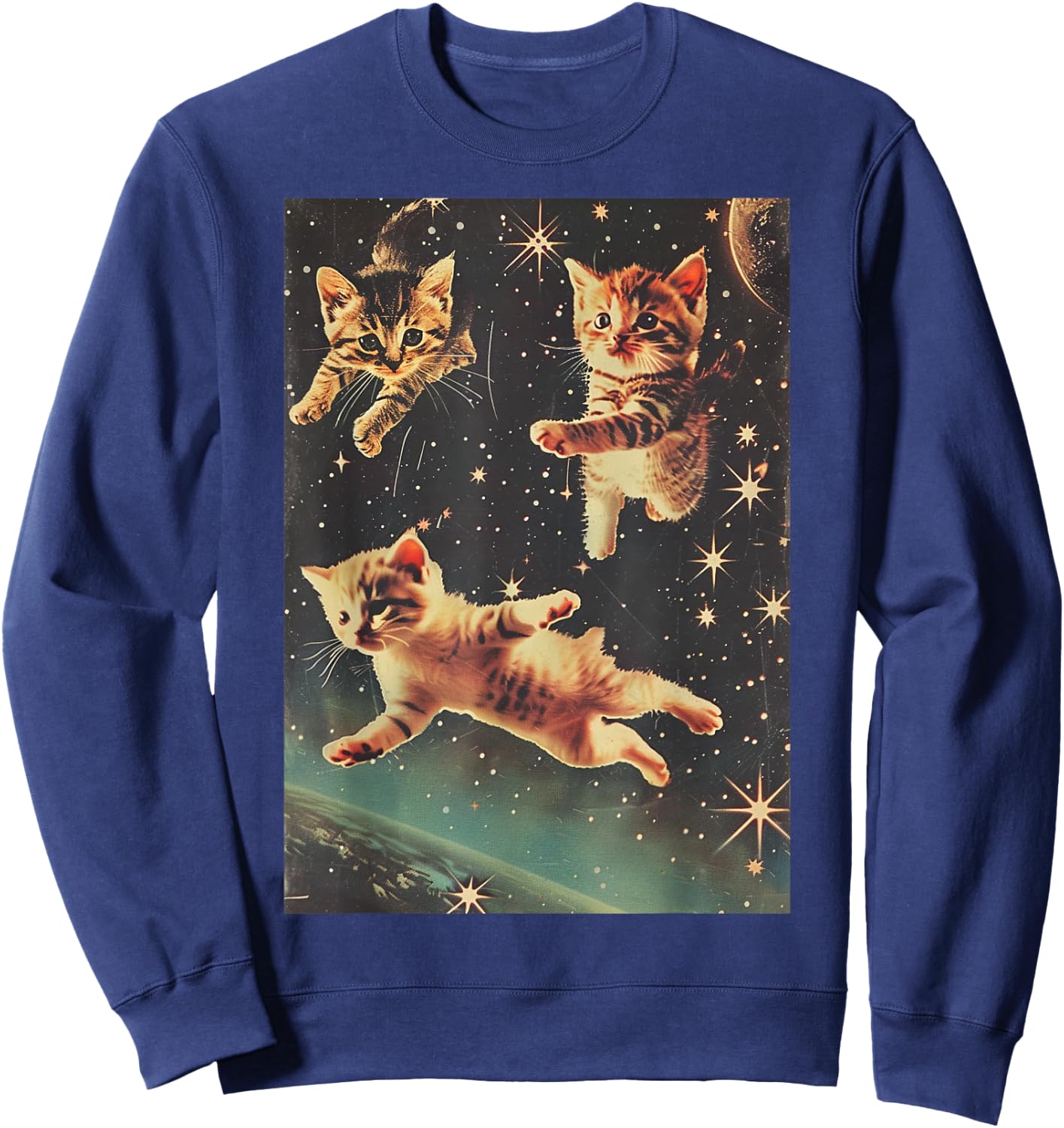 Funny Cat Kittens in Space Cute Retro Art Vintage Sweatshirt - Sweatshirt | Navy