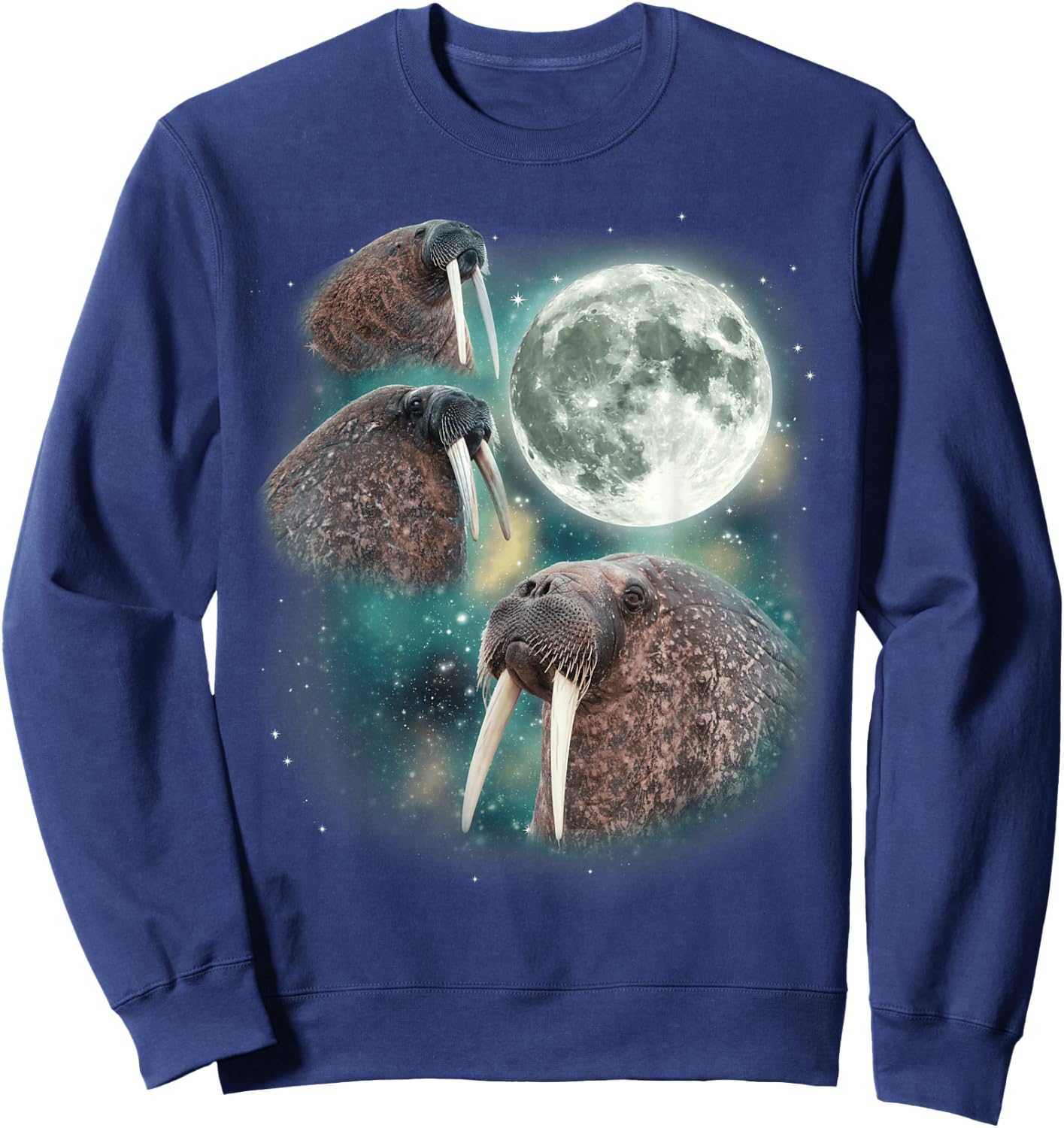 Three Walrus Moon | 3 Howling Walruses Pinniped Moon Parody Sweatshirt - Sweatshirt | Navy
