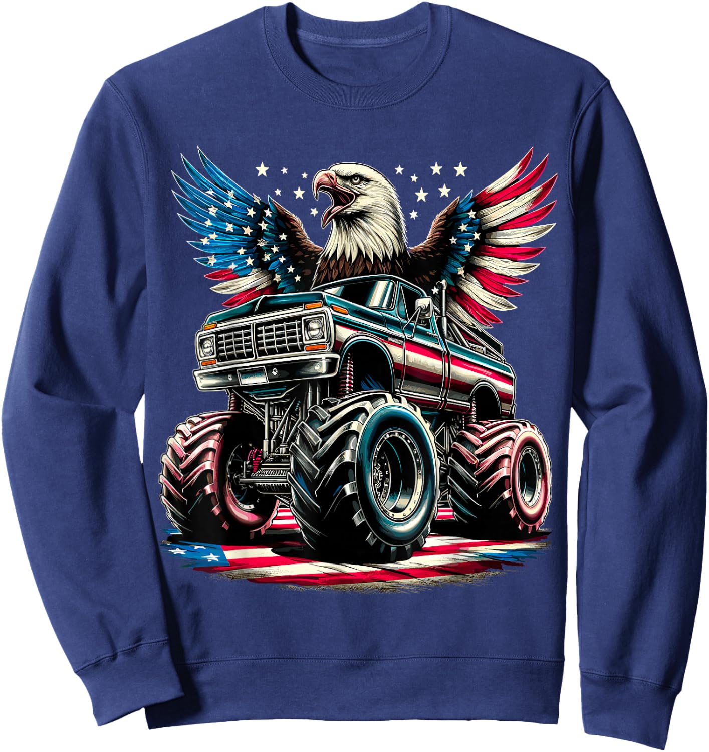 4th of July Boys Monster Truck Bald Eagle American Flag USA Sweatshirt - Sweatshirt | Navy
