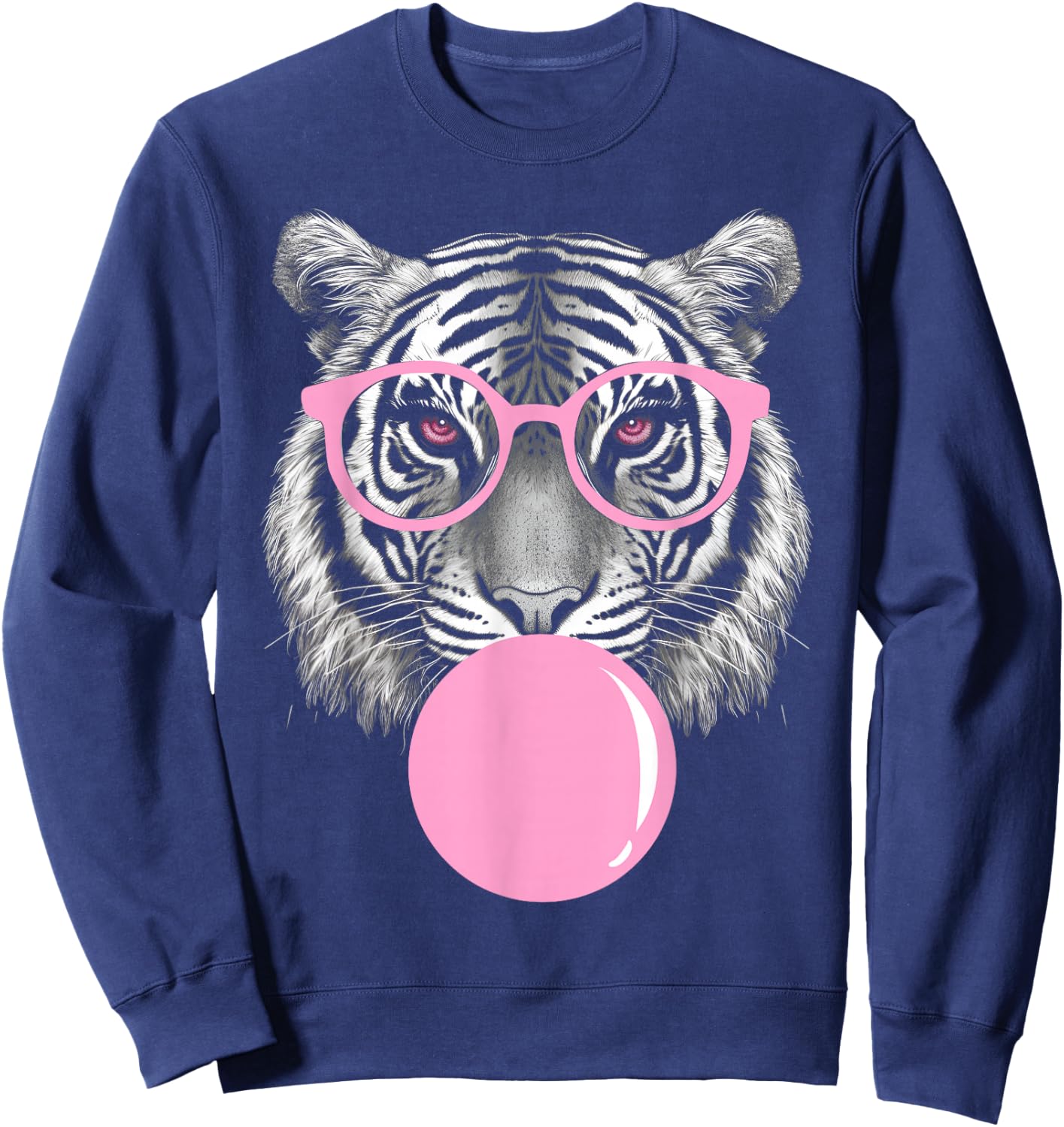 Funny Tiger Wearing Glasses and Blowing Pink Bubble Gum Sweatshirt - Sweatshirt | Navy