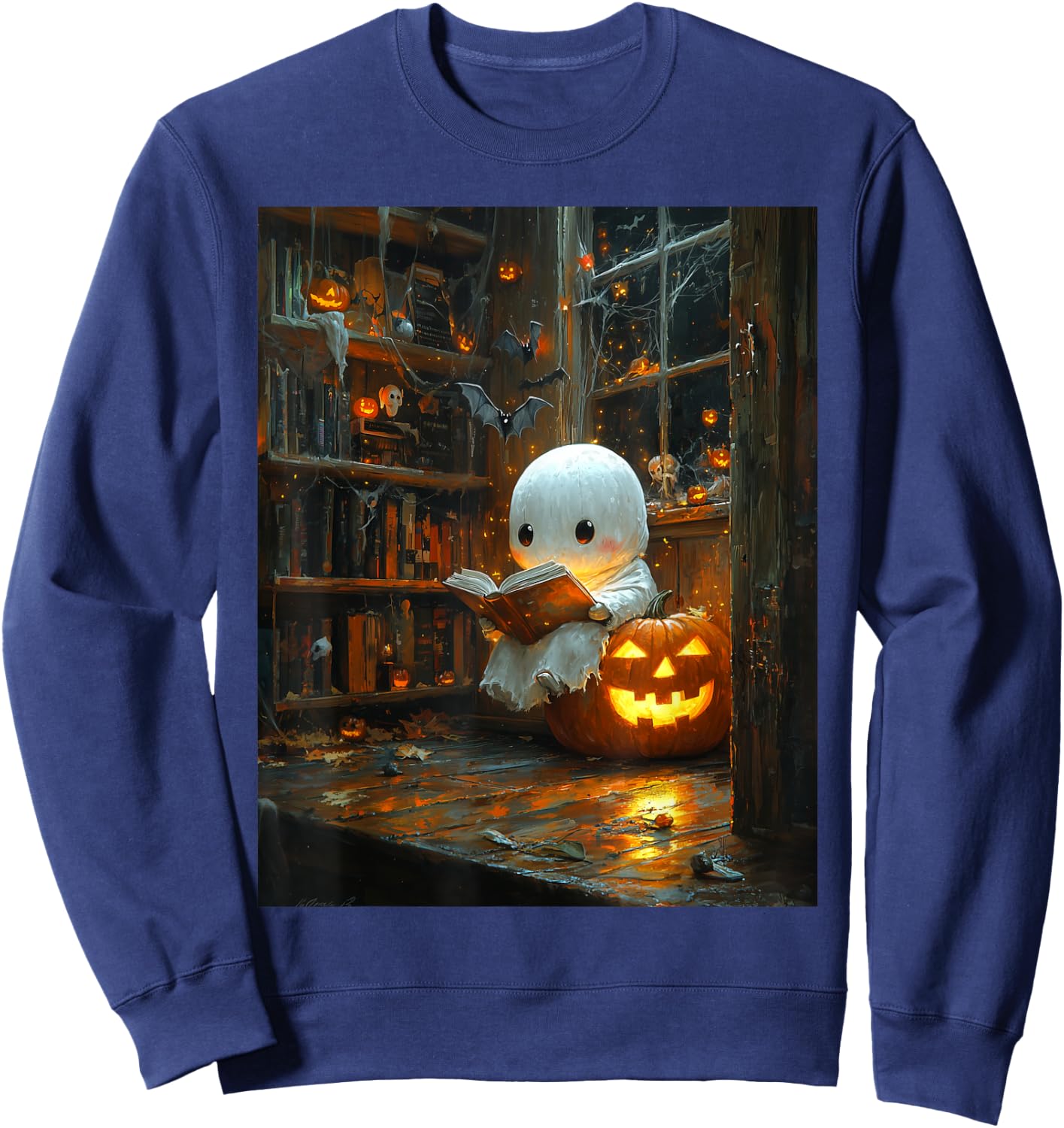 Halloween Girls Design Ghost Book Boys Spooky Kids Halloween Sweatshirt - Sweatshirt | Navy