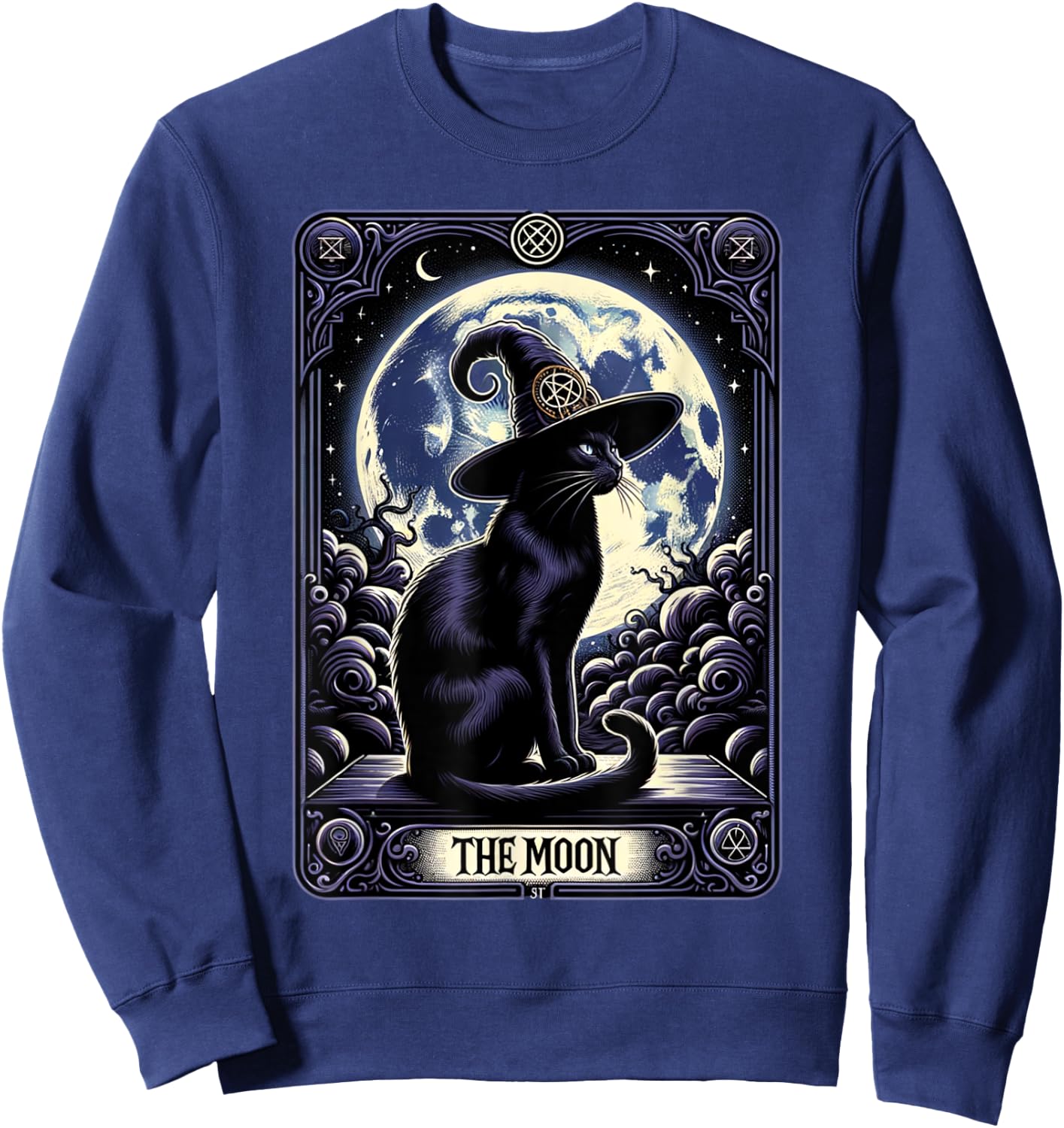 Vintage Tarot Card Style Crescent Moon & Witch Hat Black Cat Men Women Sweatshirt - Sweatshirt | Navy