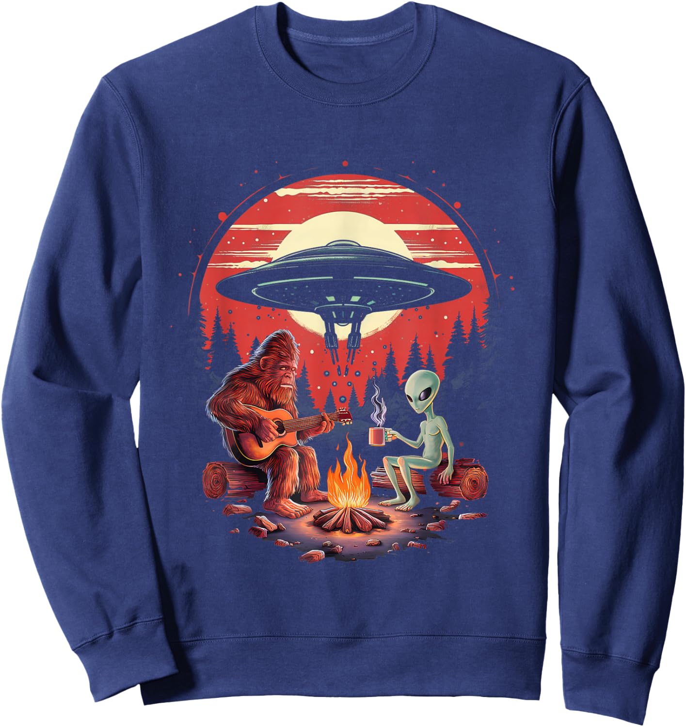 Alien And Bigfoot Campfire Sasquatch UFO For Outdoor Lovers Sweatshirt - Sweatshirt | Navy
