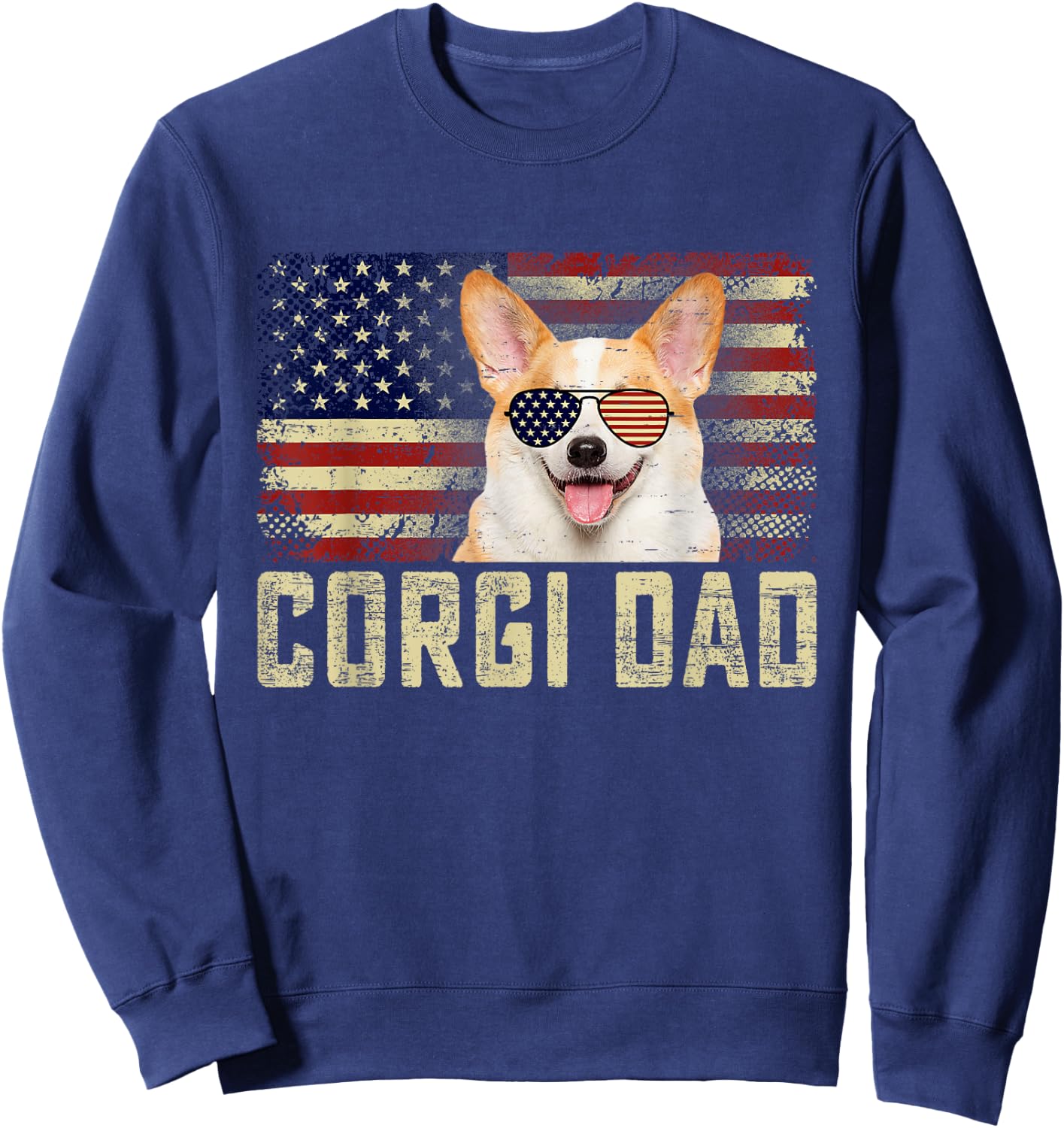 Classic Retro USA Flag Corgi Dad Fathers Day Sweatshirt - Sweatshirt | Navy