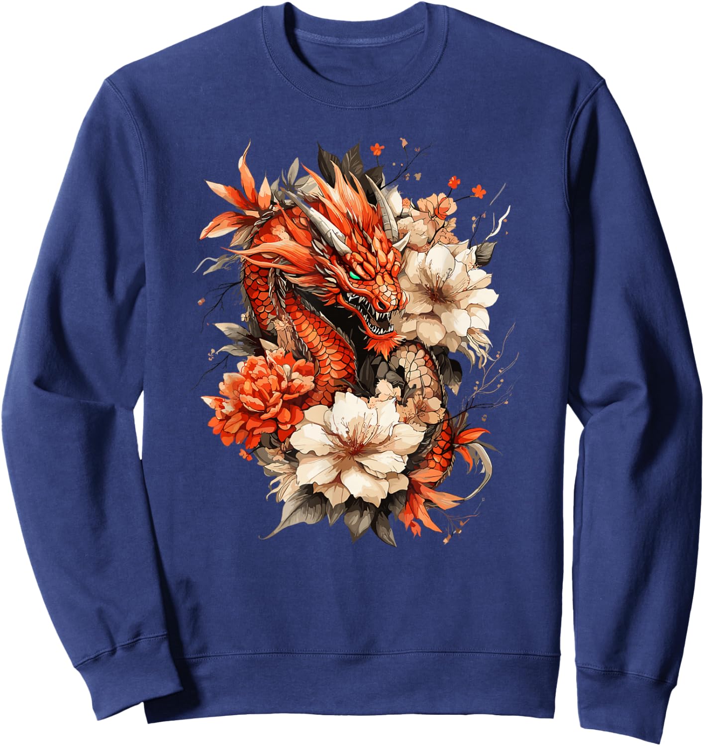 Crimson Serpent and Peony Bloom Asian Myth Motif Sweatshirt - Sweatshirt | Navy