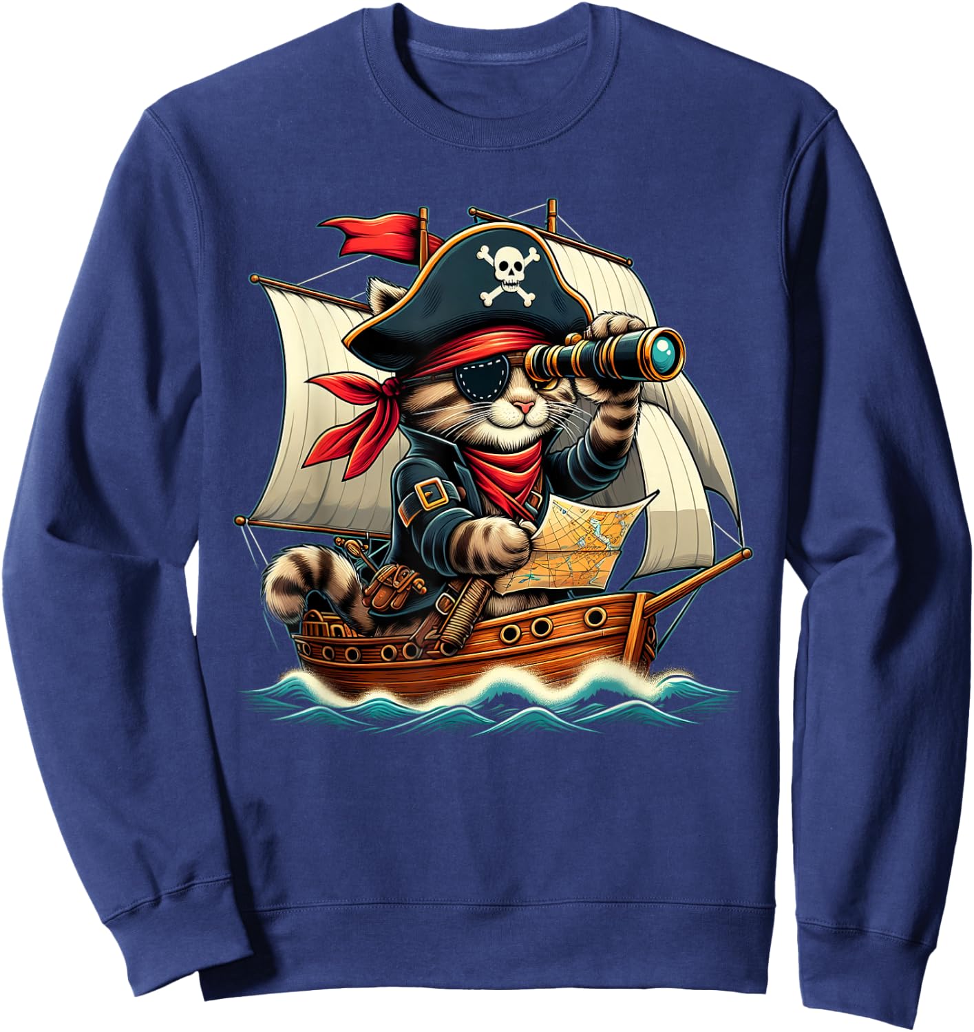 Funny Pirate Cat Adventure Halloween Cat Lover Men Women Sweatshirt - Sweatshirt | Navy