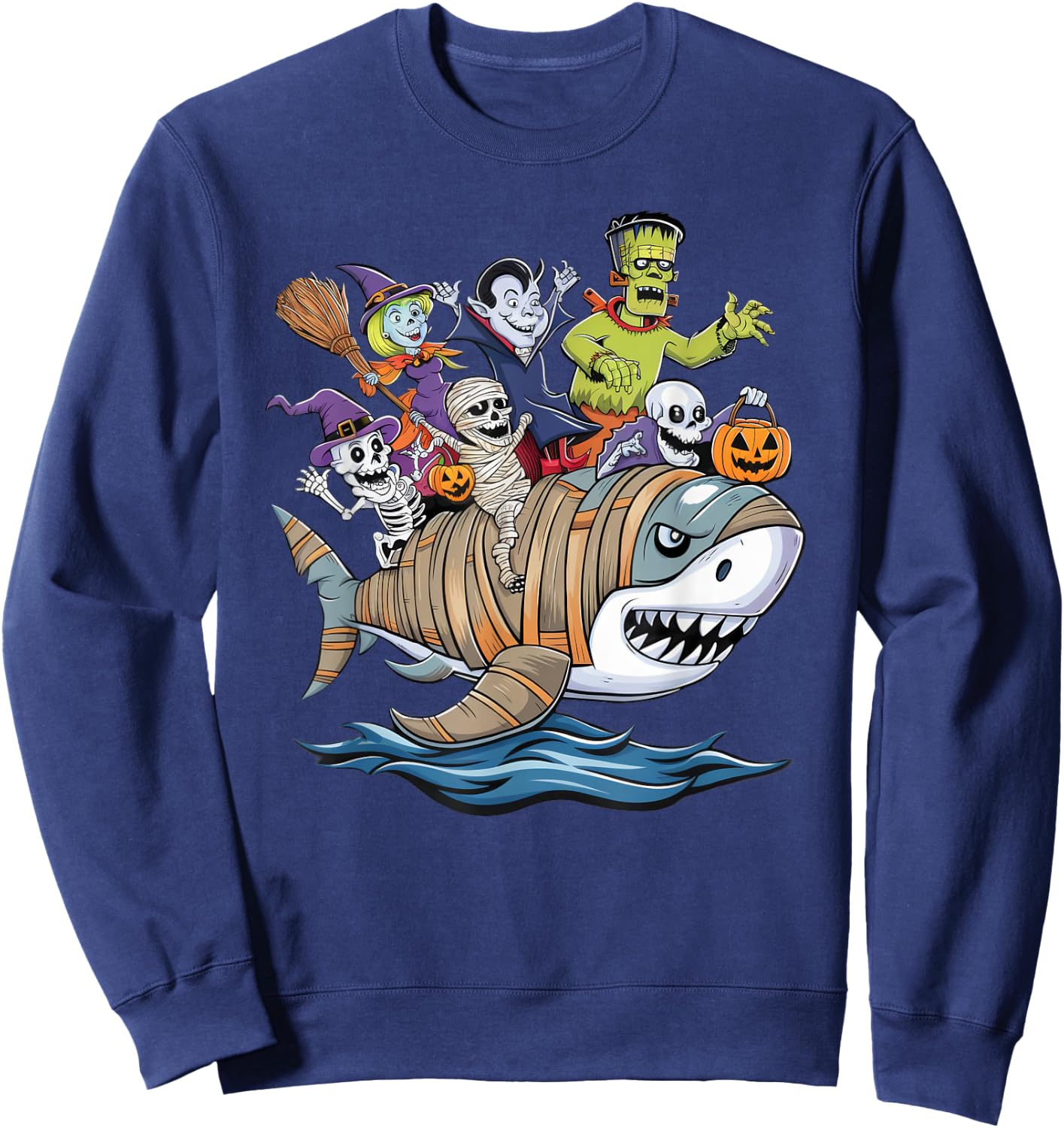 Skeleton Zombie Riding Mummy Shark Funny Halloween Pumpkin Sweatshirt - Sweatshirt | Navy