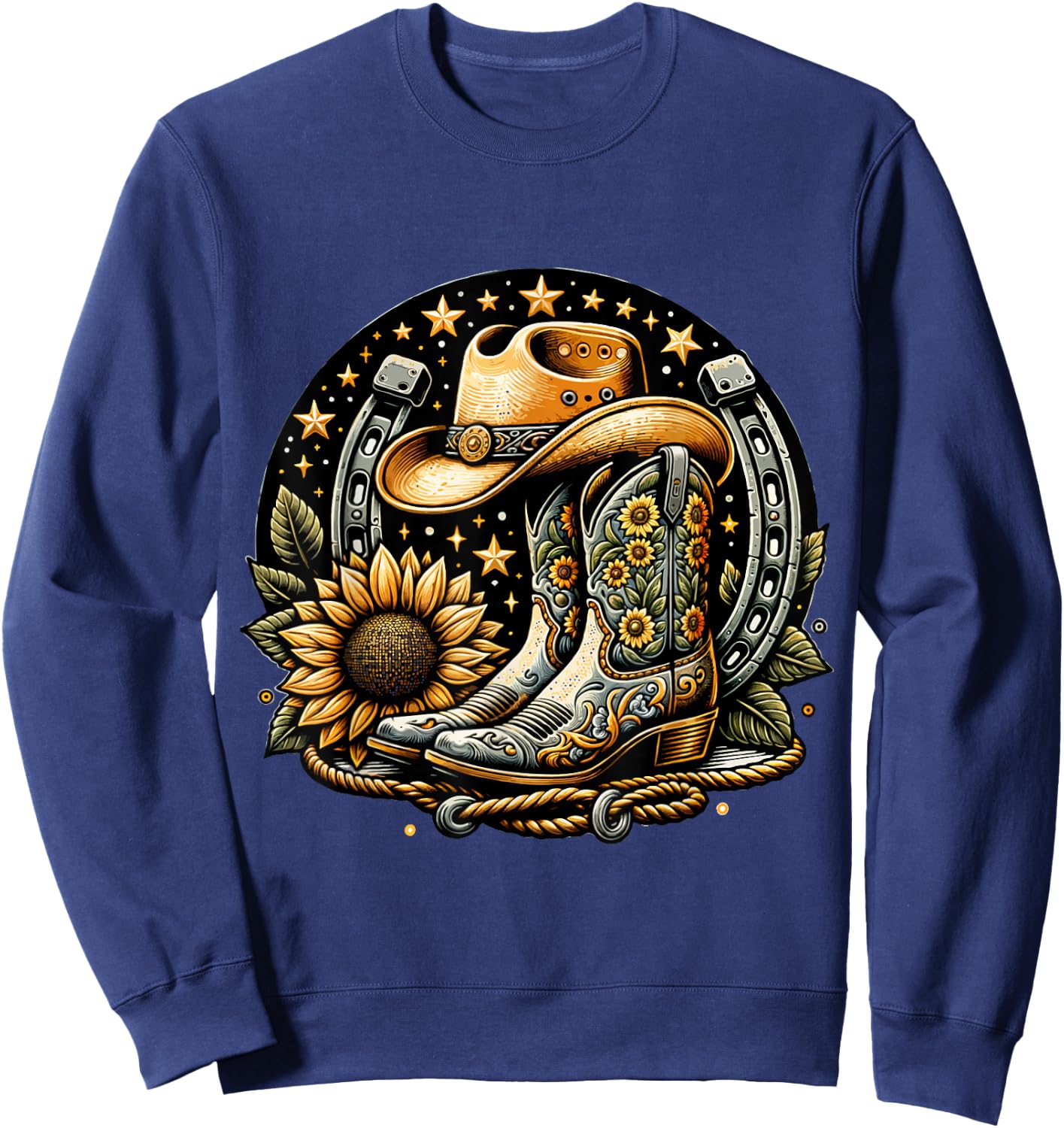 Vintage Cowboy Boot Horseshoe SunflowerRetro western Cowgirl Sweatshirt - Sweatshirt | Navy