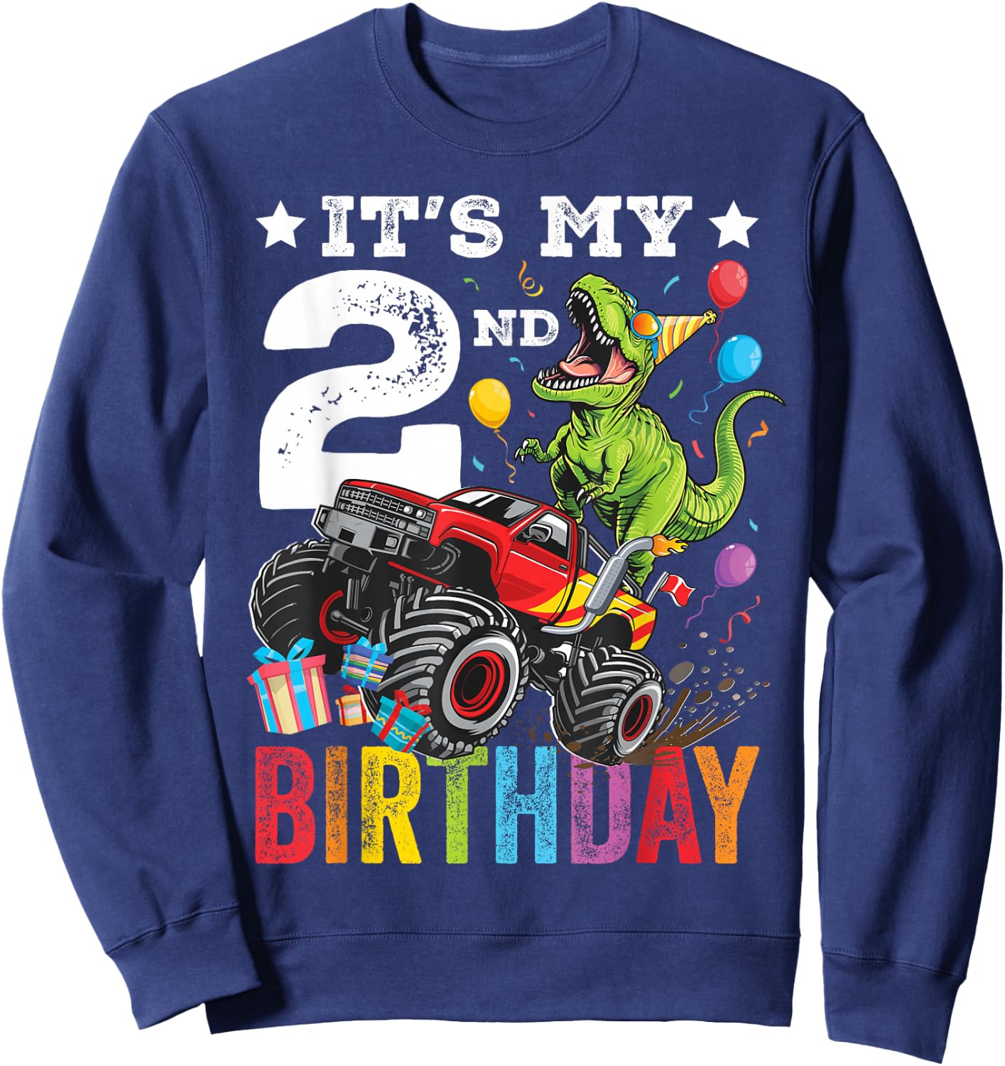 Two 2nd Birthday Dinosaur Monster Truck Sweatshirt - Sweatshirt | Navy