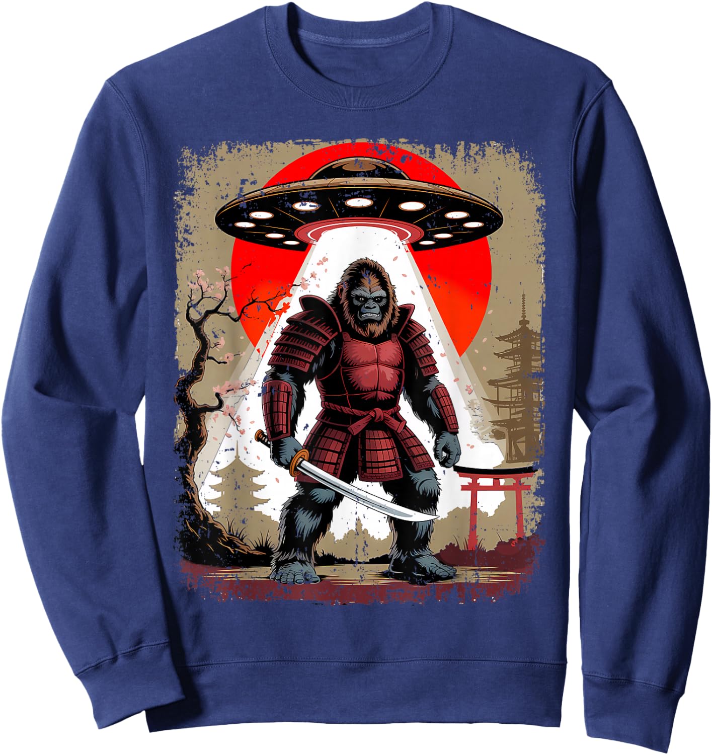 Japanese Samurai Bigfoot UFO Katana Vintage Graphic Sweatshirt - Sweatshirt | Navy