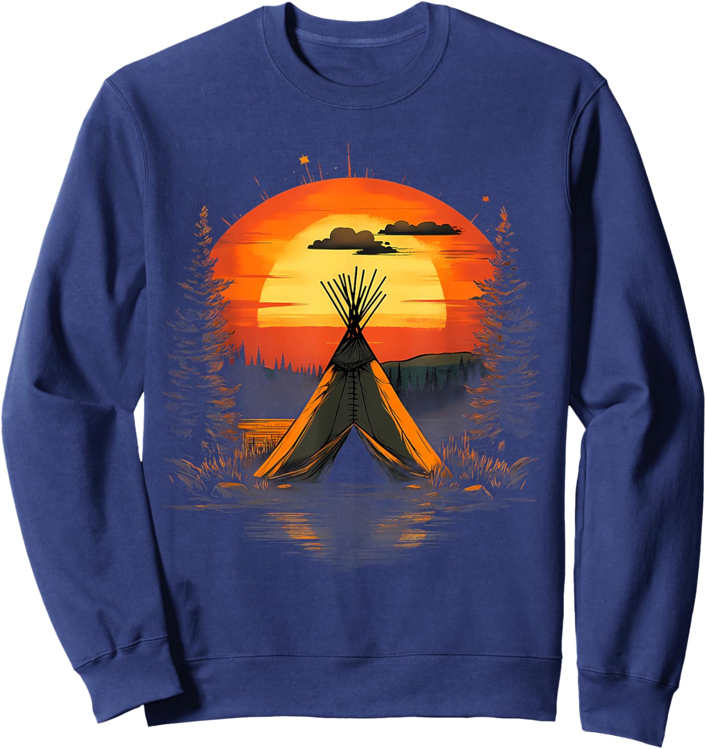 Native American Indian Tribe Landscape Sunset Tipi Tent Sweatshirt - Sweatshirt | Navy