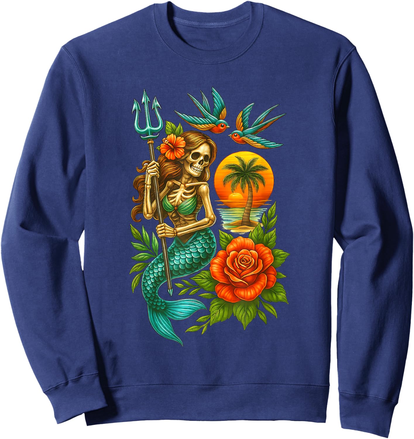 Mermaid Skeleton Traditional Tattoo OldSchool Tattoo Flash Sweatshirt - Sweatshirt | Navy
