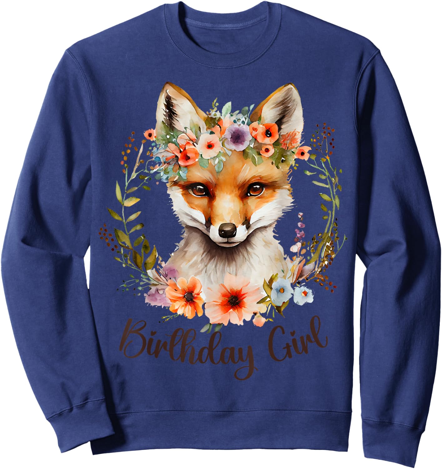 Cute Fox with flowers and words "Birthday Girl" Women Girls Sweatshirt - Sweatshirt | Navy