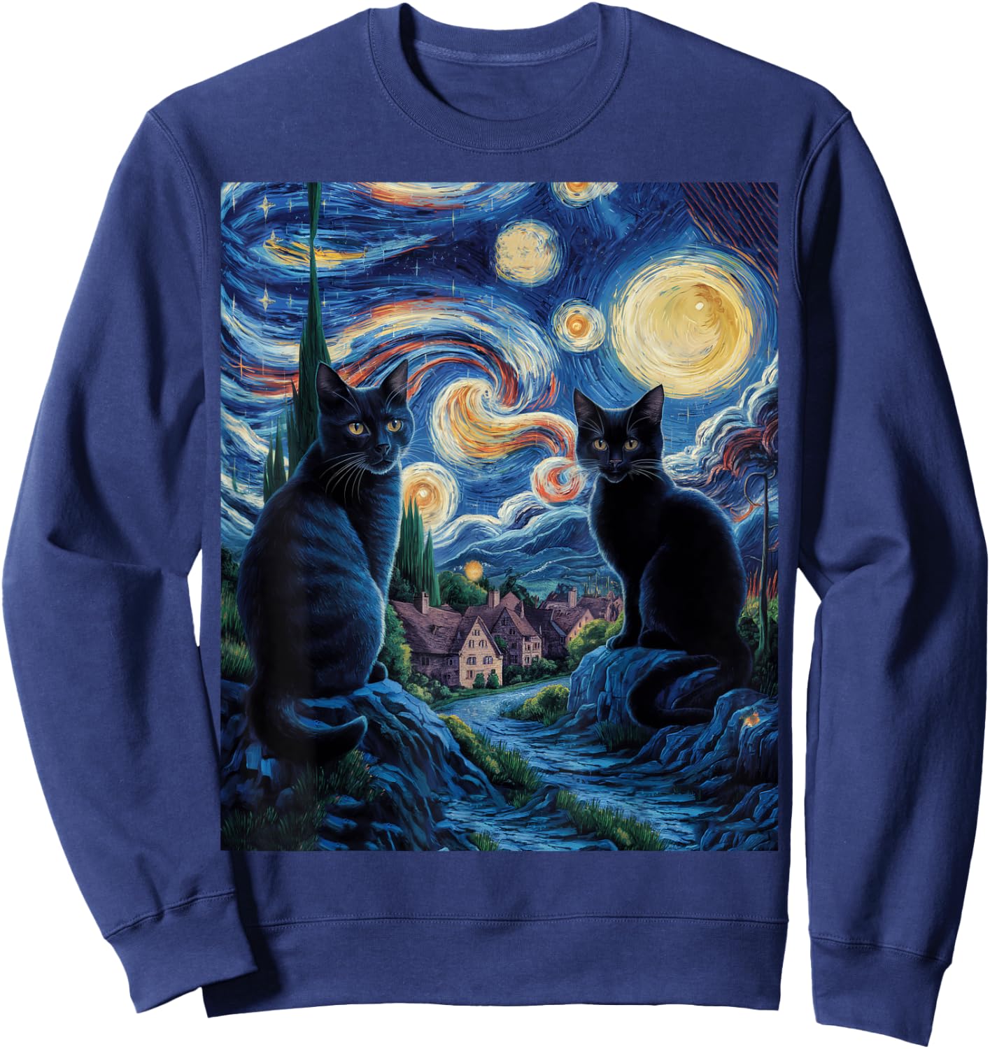 Cats Starry Night Van Gogh, For Cat Lover Cat Mom Cat Dad Sweatshirt - Sweatshirt | Navy