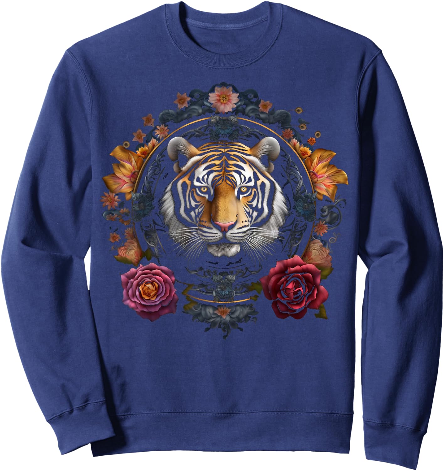 Tiger Artwork Flowers - Animal Art Tiger Sweatshirt - Sweatshirt | Navy