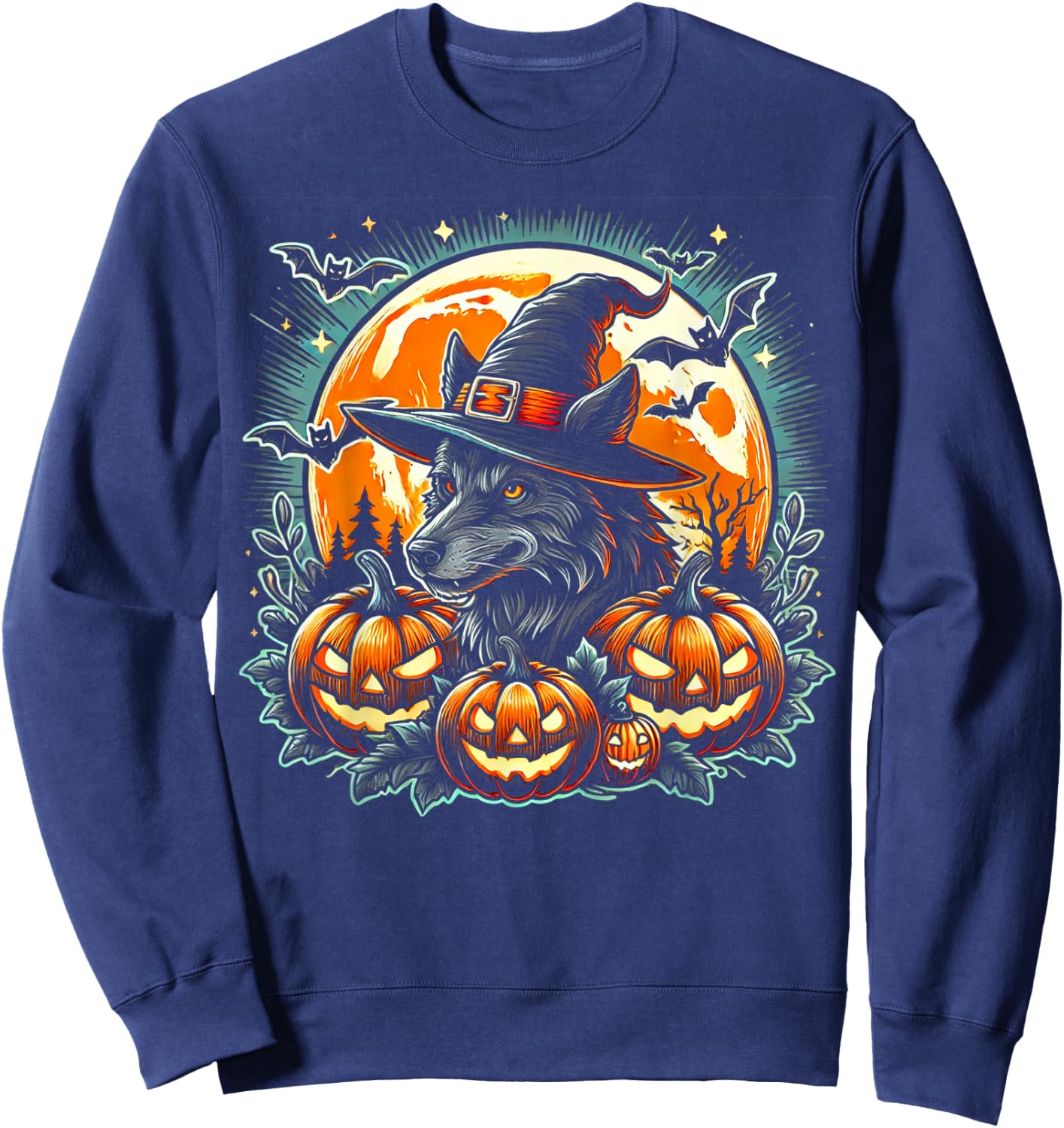 Wolf Witch Halloween - Spooky Pumpkin Art Sweatshirt - Sweatshirt | Navy