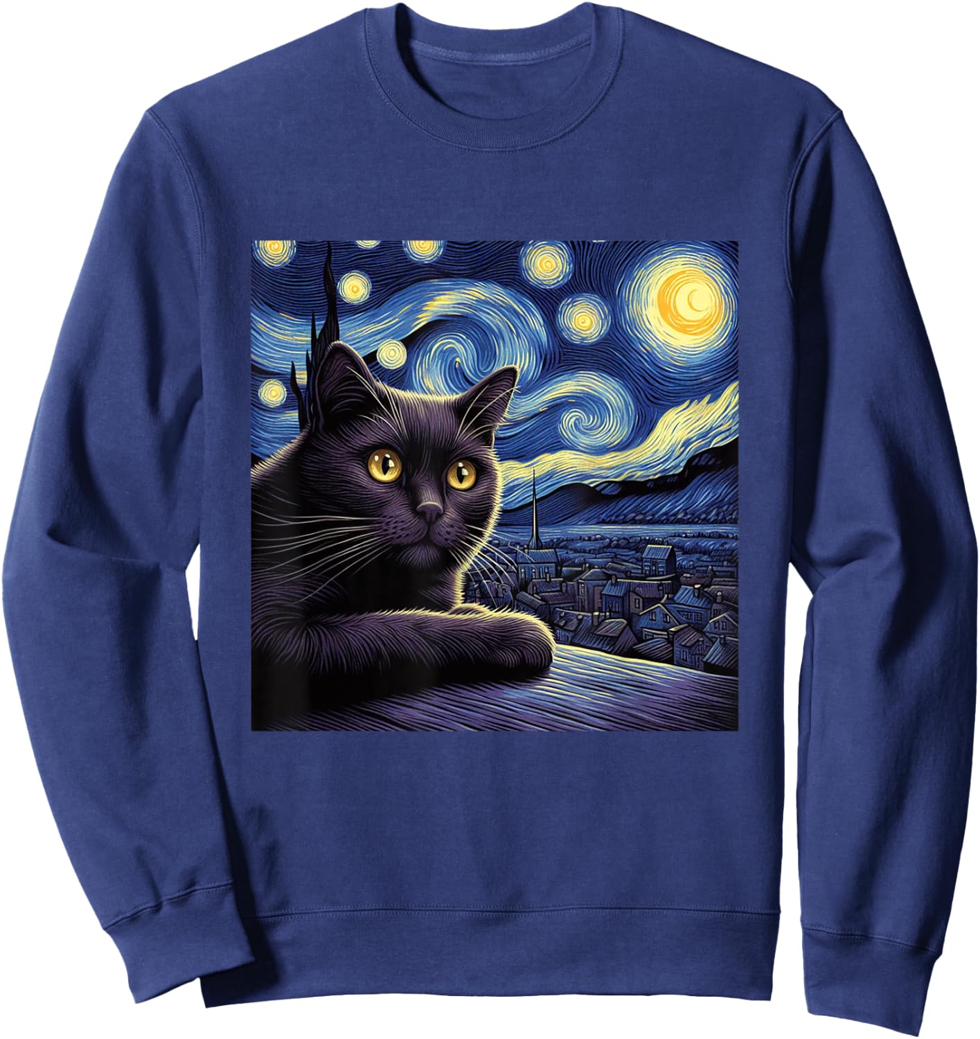 Starry Night Cat Design - Van Gogh Inspired Graphic Men Women Girls Kids Sweatshirt - Sweatshirt | Navy