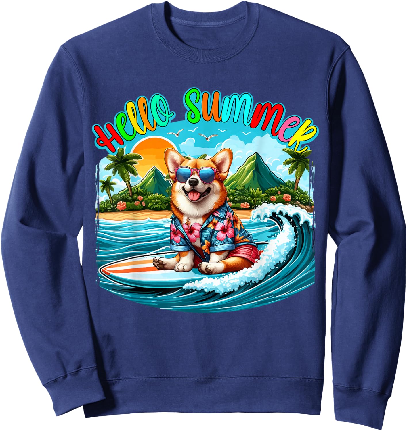 Summer Costume Corgi Sunglasses Surfing On Beach Surfer Sweatshirt - Sweatshirt | Navy