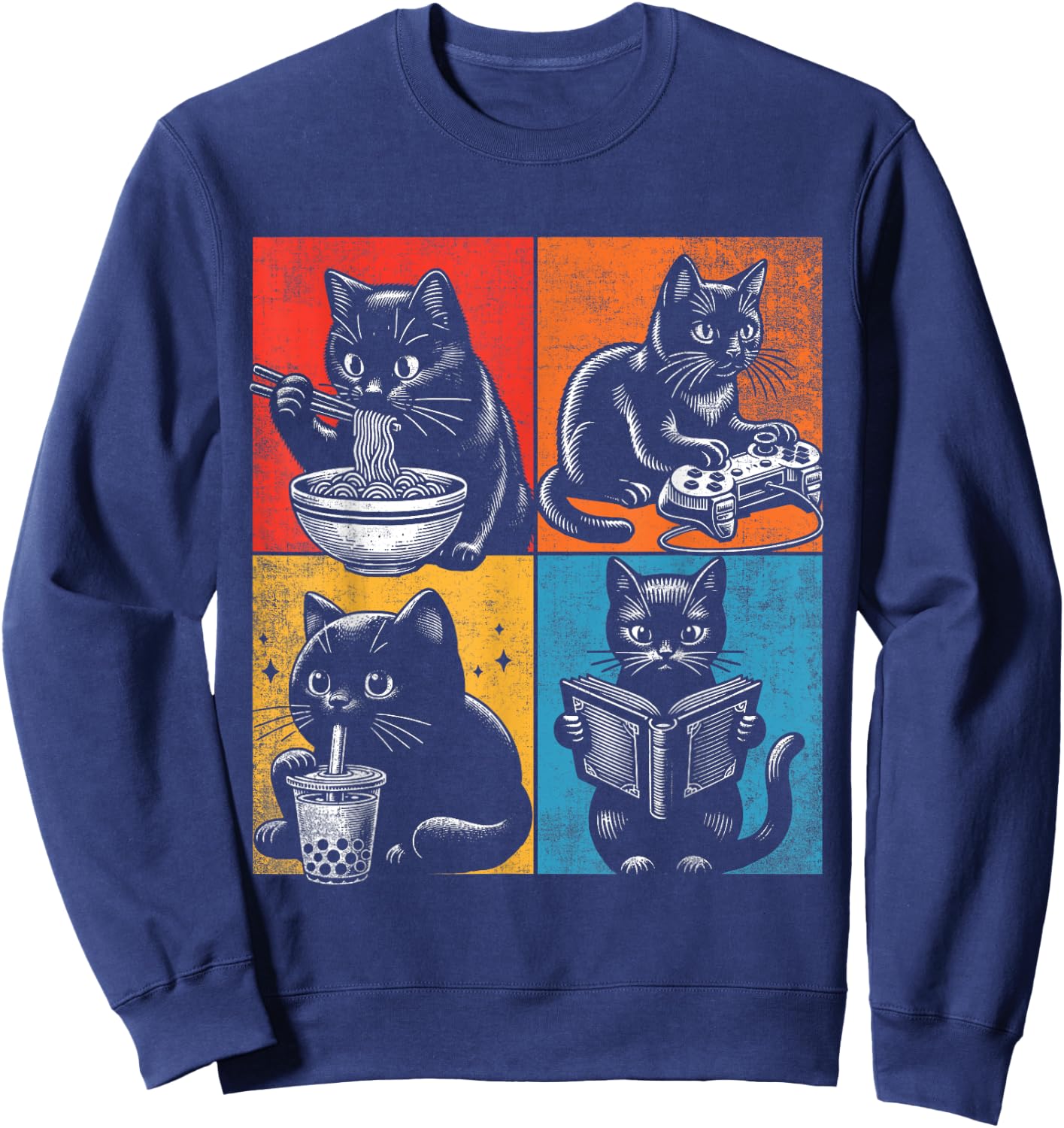 Funny Cat Ramen Boba Gaming And Reading Books Lover. Anime Sweatshirt - Sweatshirt | Navy