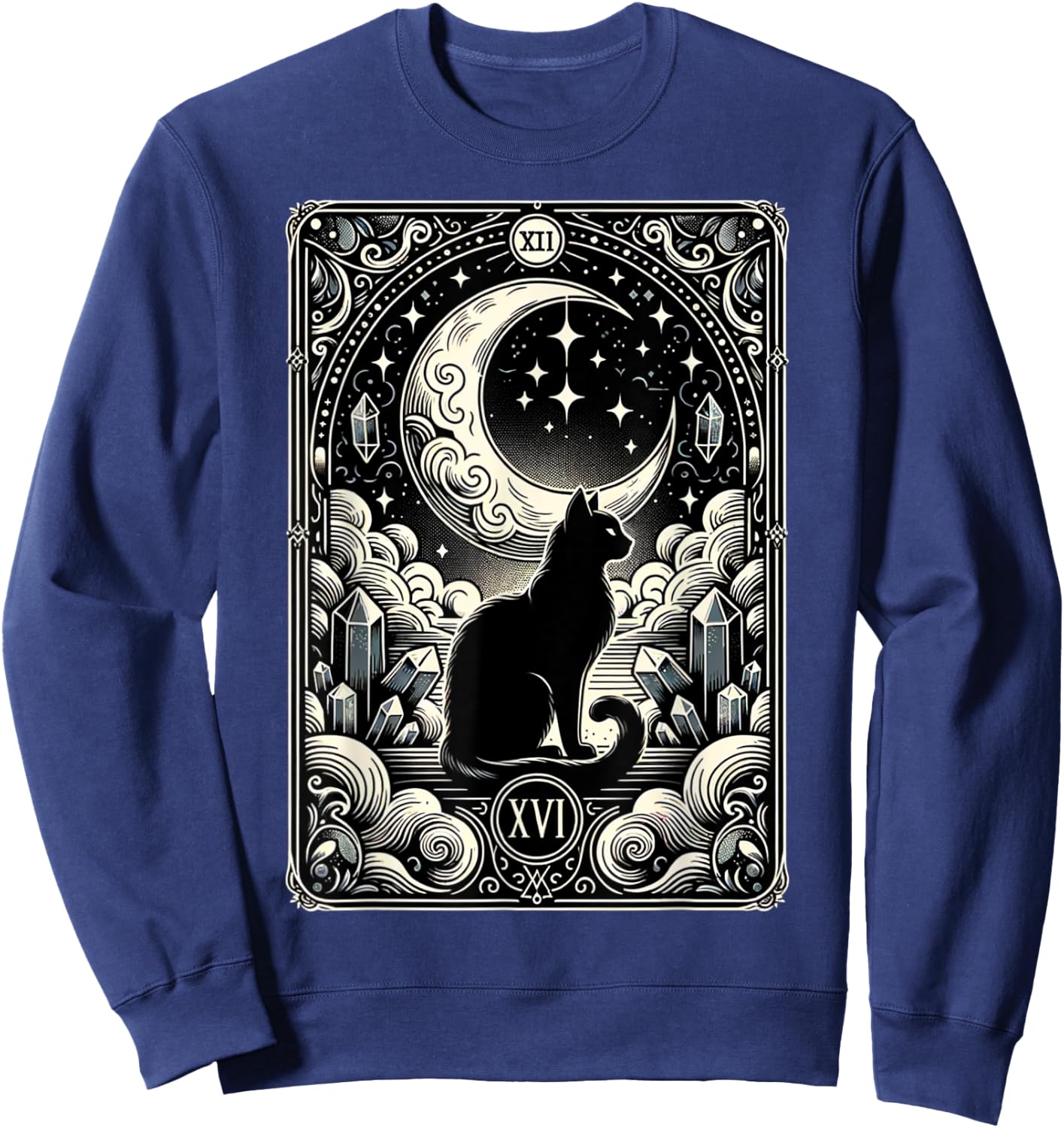 Magical Tarot Card Black Cat and Crescent Moon Vintage Cat Sweatshirt - Sweatshirt | Navy