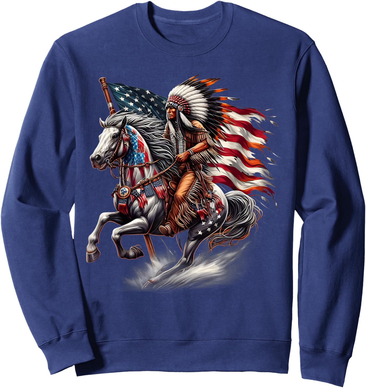 Native American Day Flag Indian Riding Horse 4th of July Sweatshirt - Sweatshirt | Navy