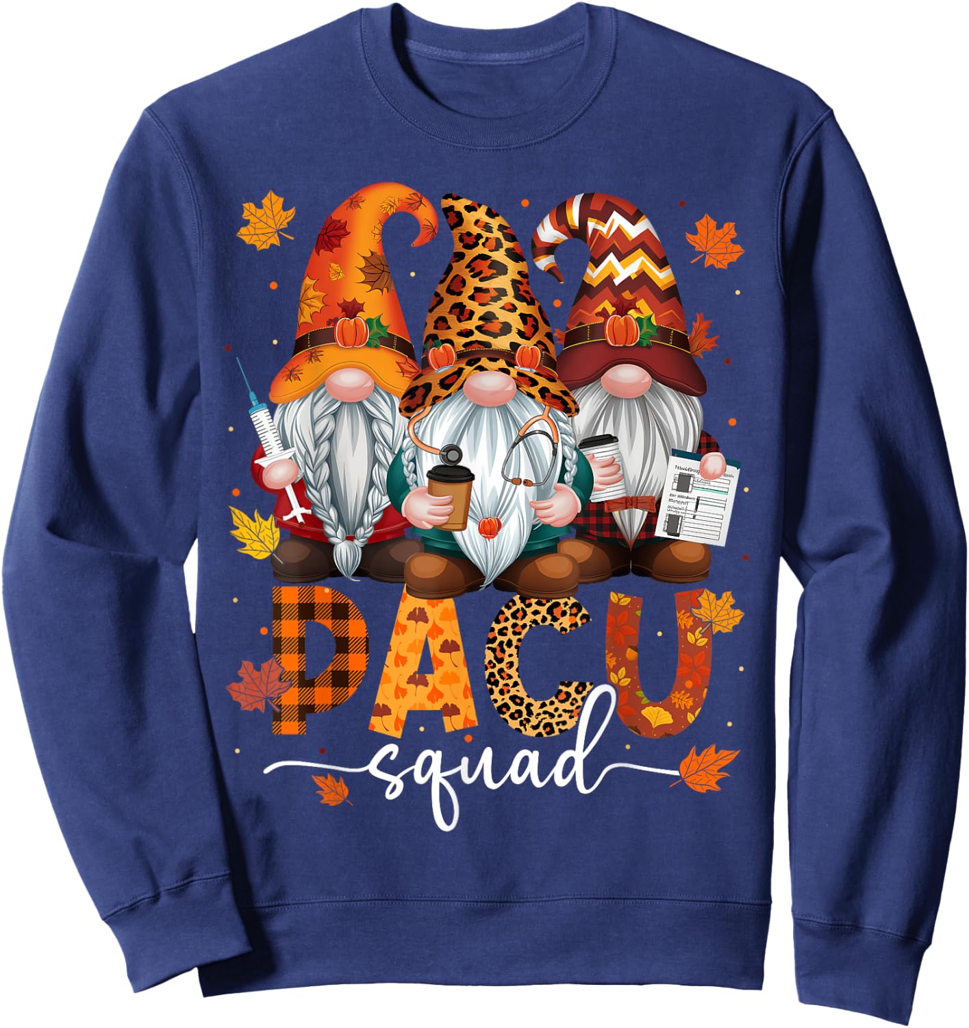 PACU Squad Gnome Nurse Leopard Thanksgiving Stethoscope Sweatshirt - Sweatshirt | Navy