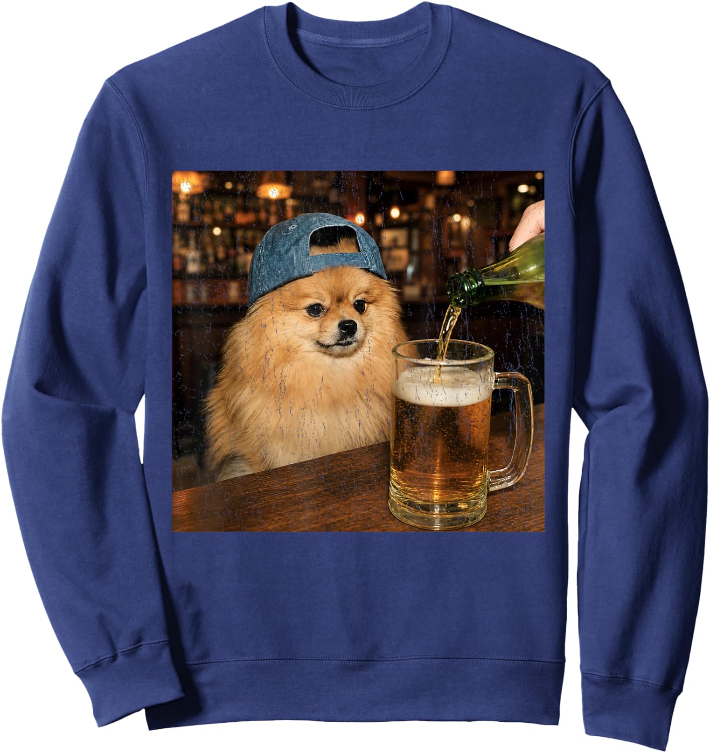 Pomeranian Drinking Beer Shirt Funny Dog Meme Art Vintage Sweatshirt - Sweatshirt | Navy