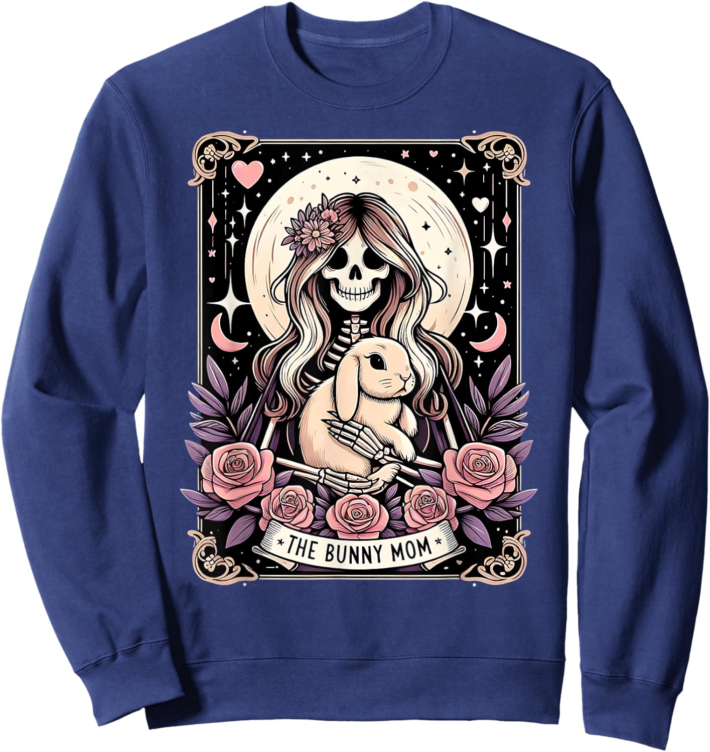 Cute Bunny Mom Tarot Card Skeleton Moon with Stars Women Sweatshirt - Sweatshirt | Navy