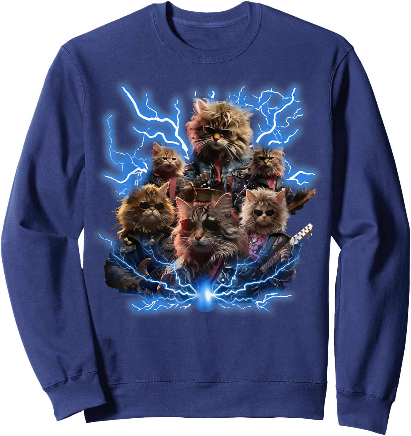 Cats Playing Guitar Retro Rock Music Band Women Kid Sweatshirt - Sweatshirt | Navy