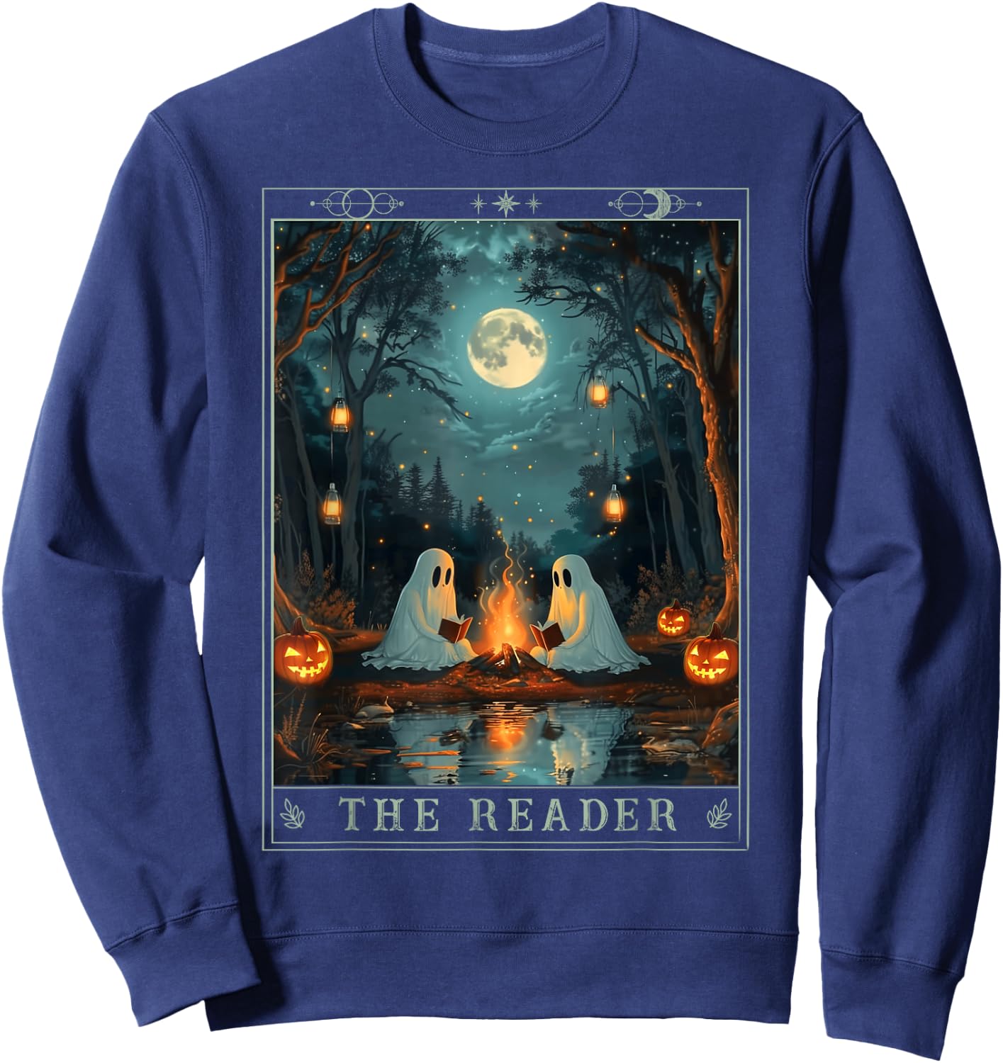 The Reader Bookish Cute Spooky Ghost Reading Book Tarot Card Sweatshirt - Sweatshirt | Navy
