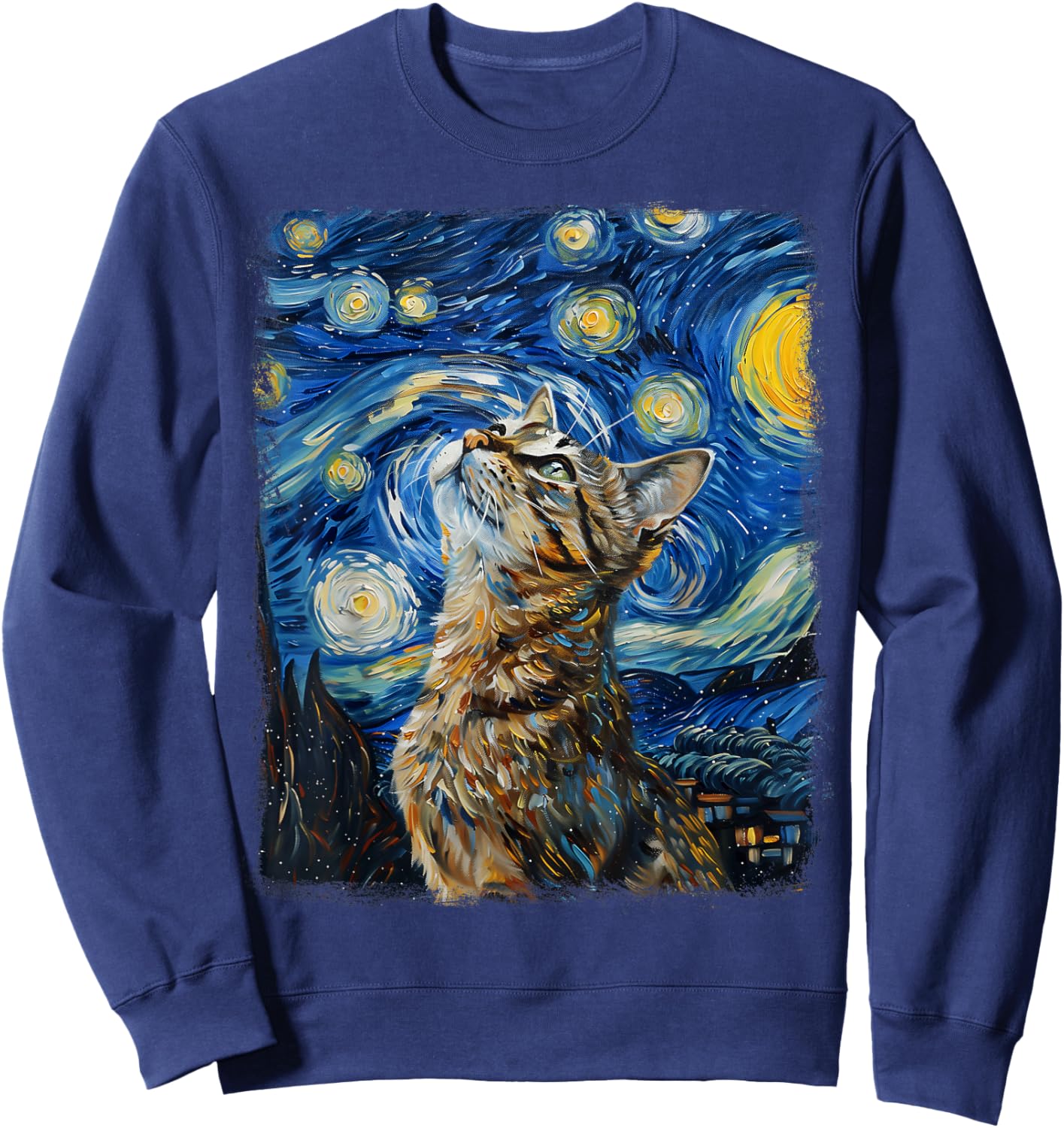 Tabby Cat Orange Cat Starry Night Painting Sweatshirt - Sweatshirt | Navy