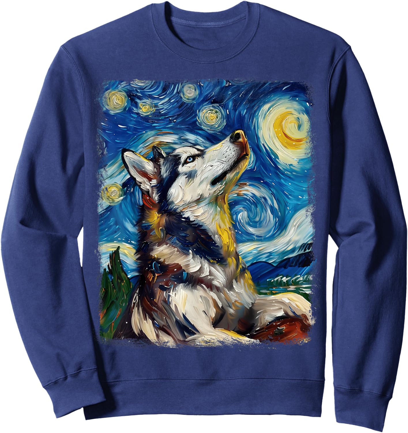 Siberian Husky Dog Starry Night Painting Sweatshirt - Sweatshirt | Navy