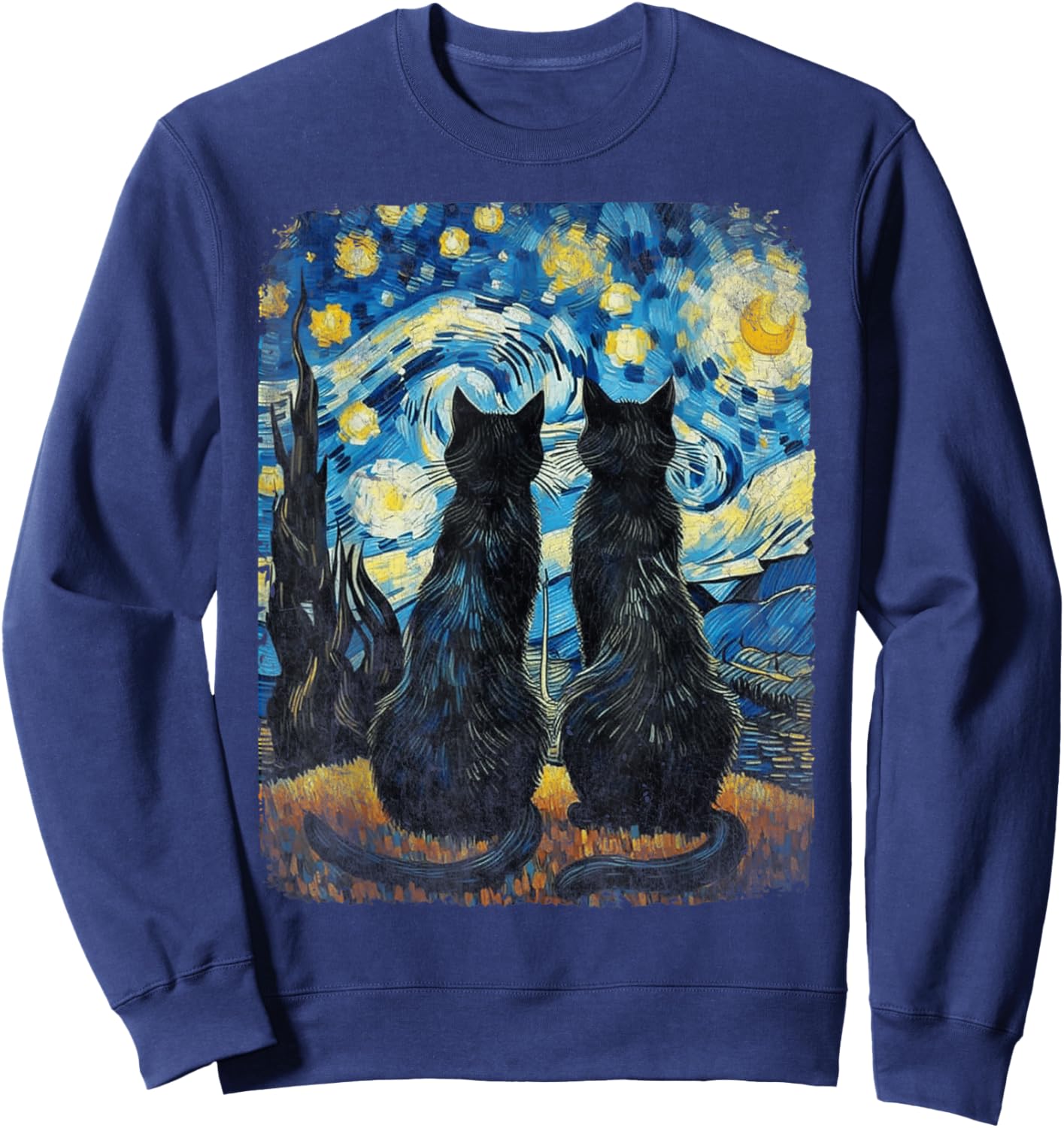 Cat Gifts for Cat Mom Dad Starry Night Van Gogh Cat Sweatshirt - Sweatshirt | Navy