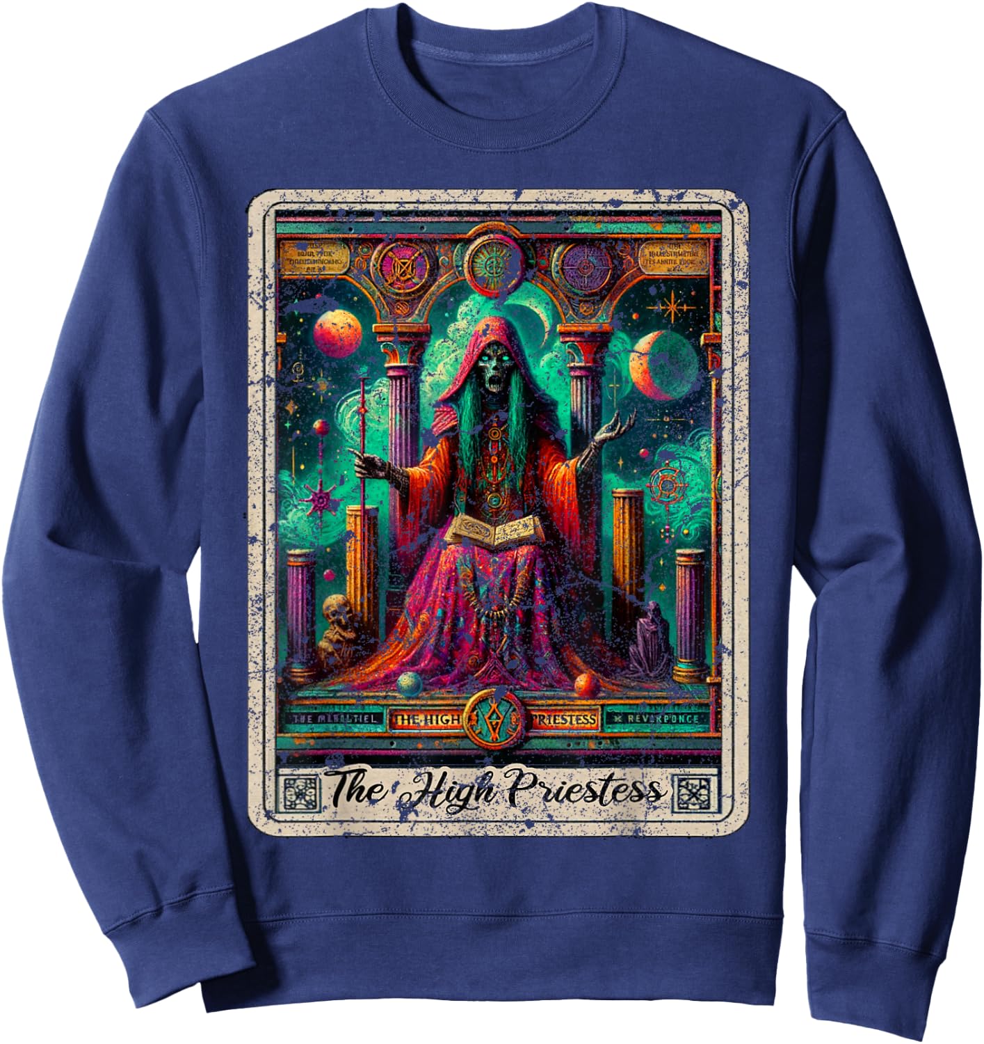 The High Priestess Vintage Tarot Card Graphic Print Sweatshirt - Sweatshirt | Navy