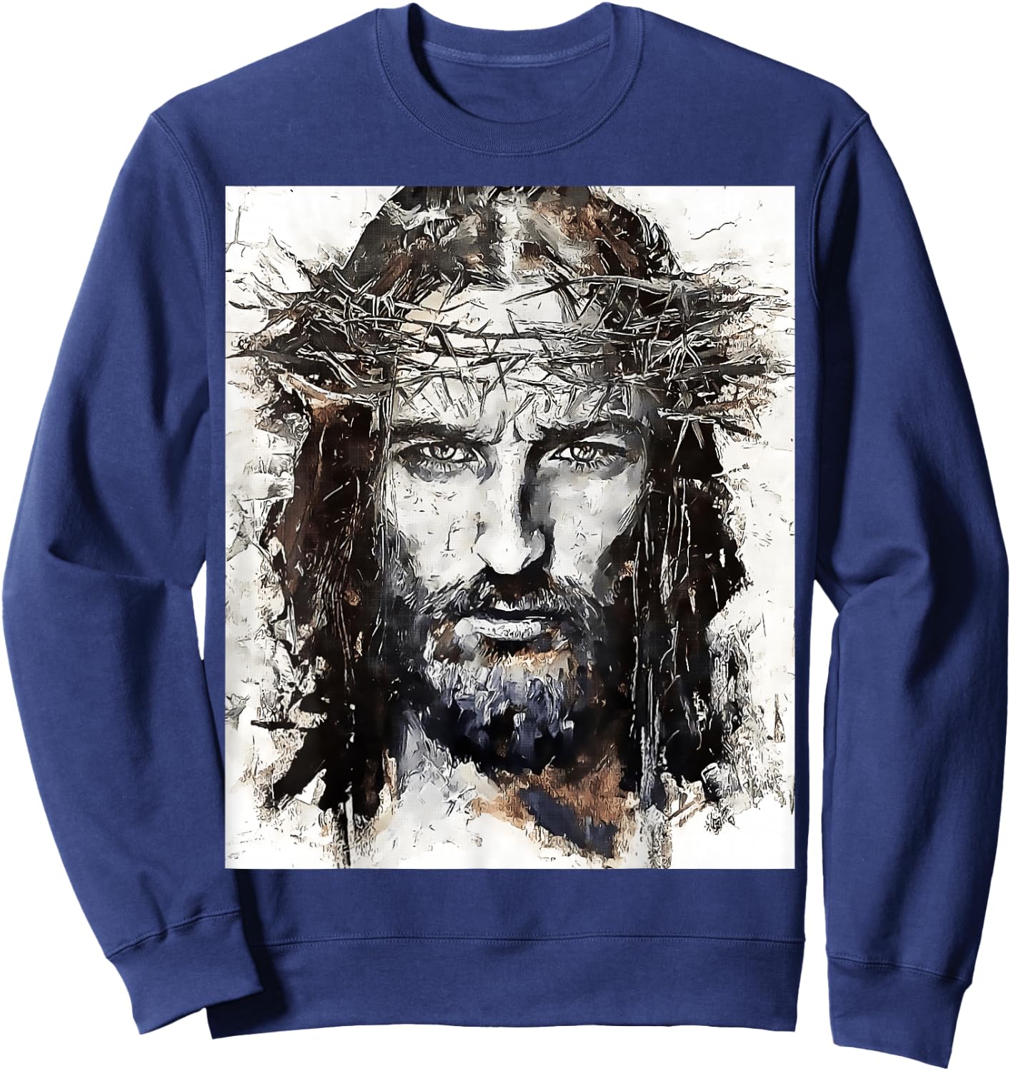 Vintage Art Face Of Jesus On A Cross With Crown Of Thorns Sweatshirt - Sweatshirt | Navy