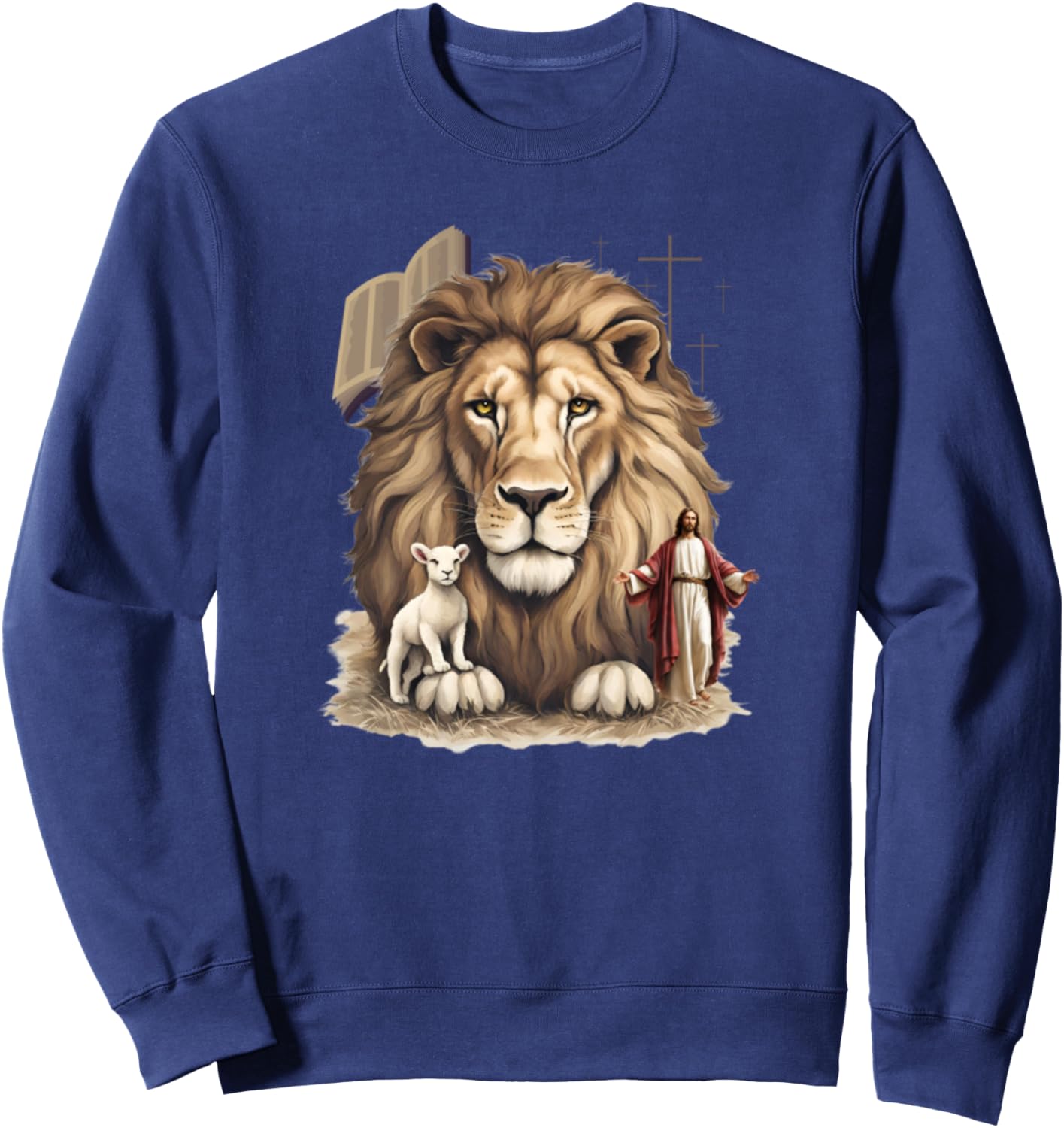 Vintage Jesus Lion Lamb Bible Cross Christian Faith Sweatshirt - Sweatshirt | Navy