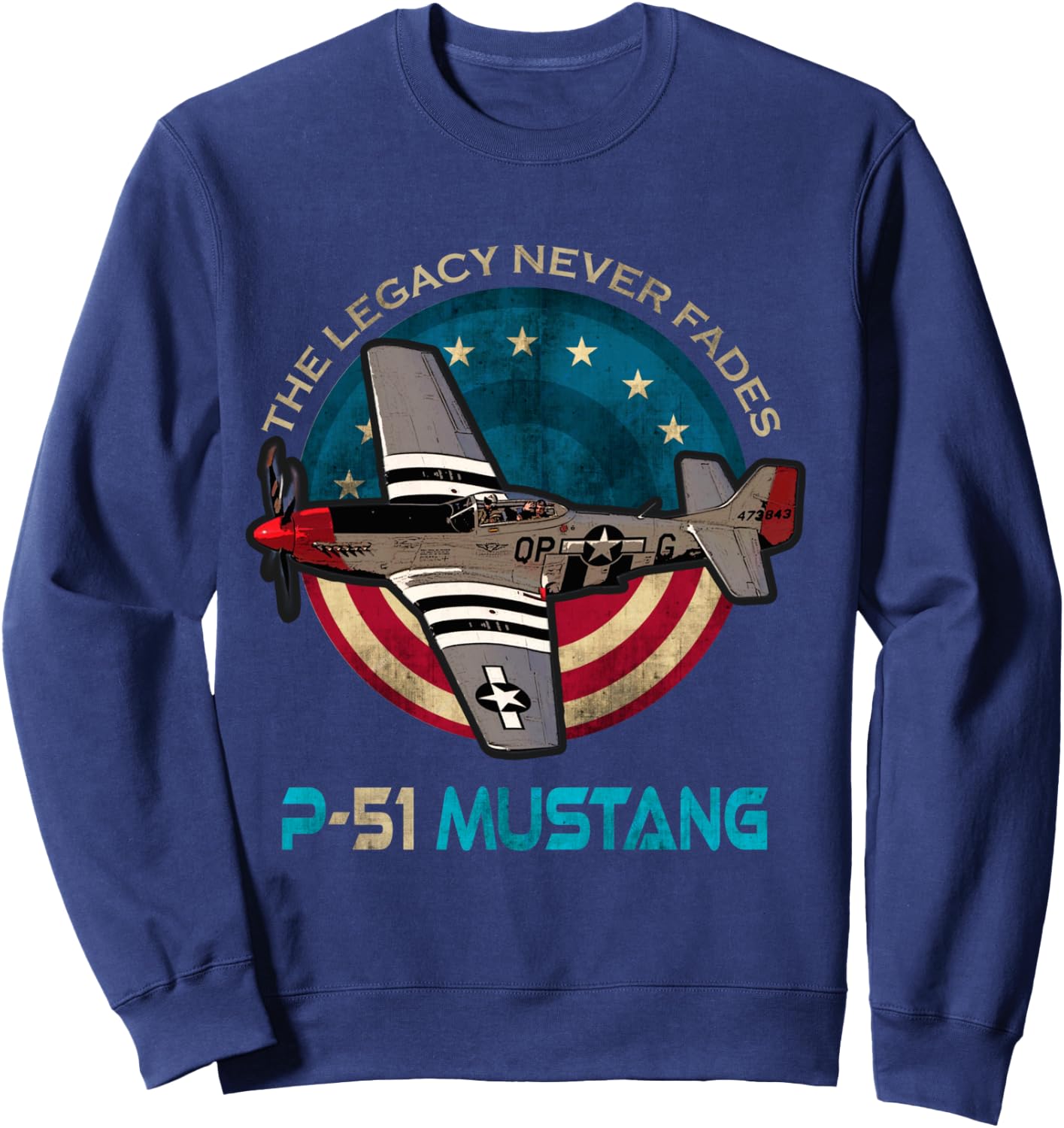 P-51 Mustang American WW2 Fighter Airplane Vintage USA Flag Sweatshirt - Sweatshirt | Navy