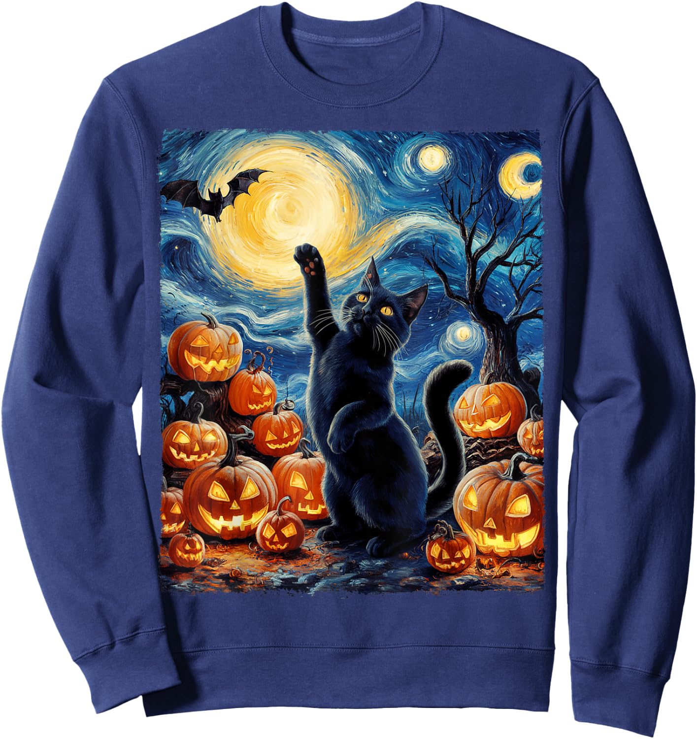 Halloween Cat Van Gogh Starry Night Pumpkin Gifts Men Women Sweatshirt - Sweatshirt | Navy