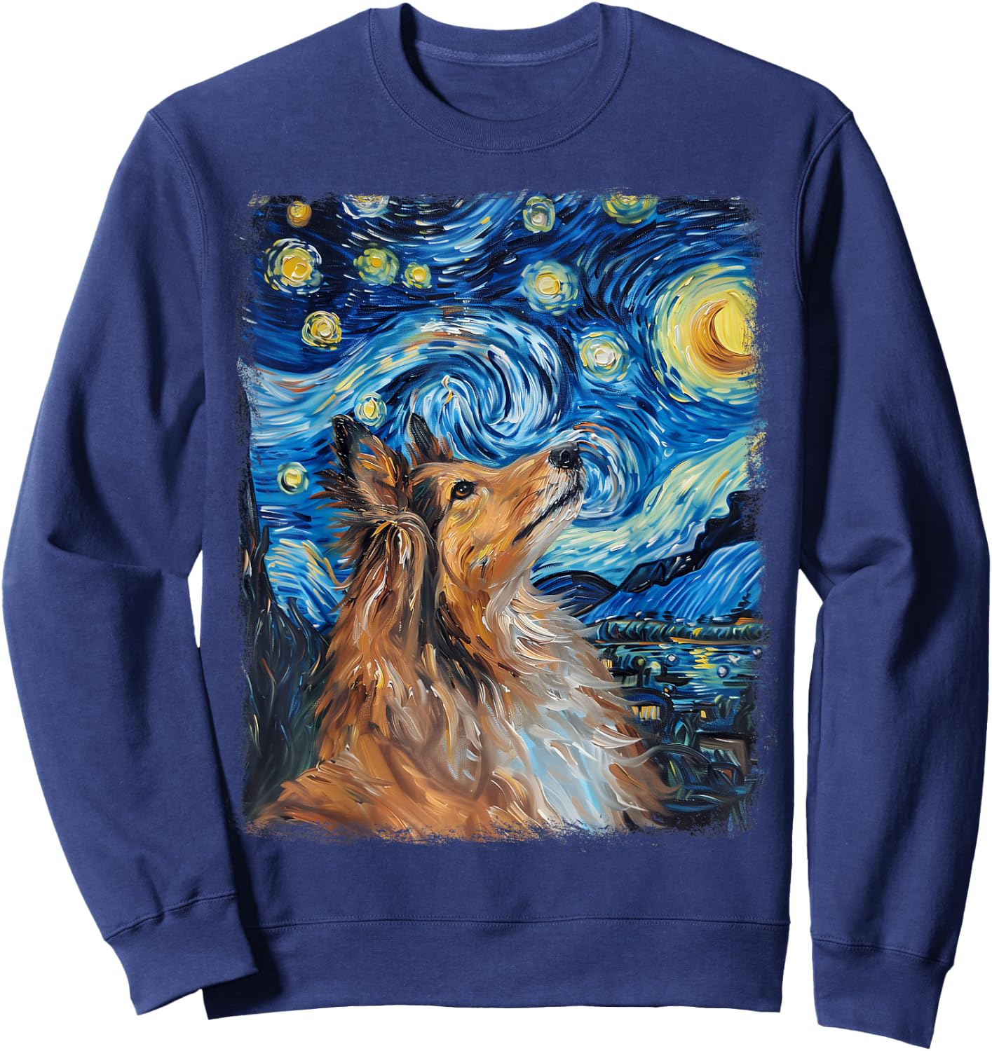 Shetland Sheepdogs Dog Starry Night Painting Sweatshirt - Sweatshirt | Navy