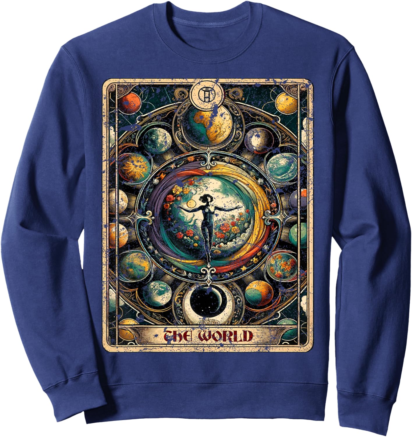 Distressed Grunge Worn Out Style The World Tarot Card Sweatshirt - Sweatshirt | Navy