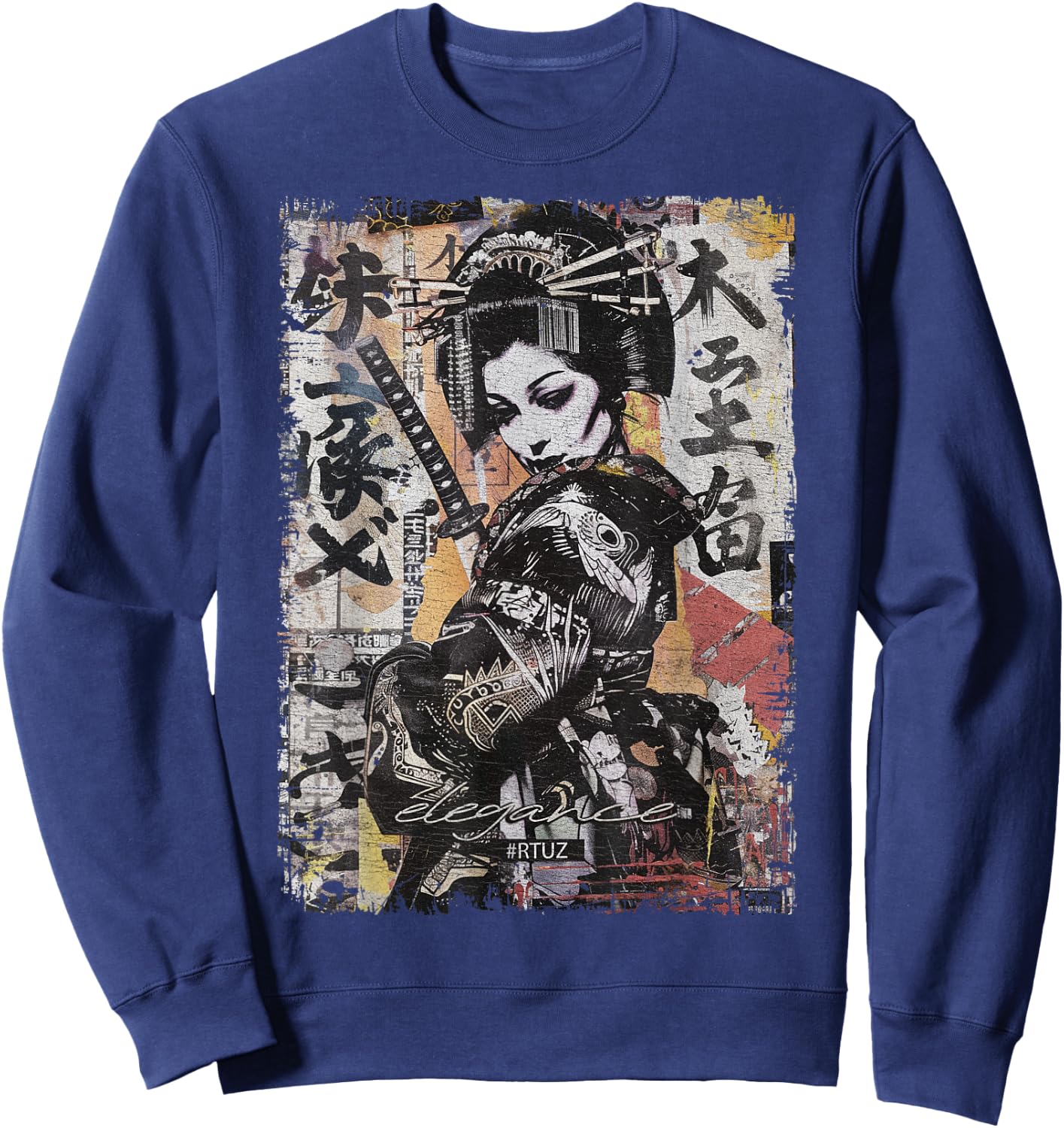 Hip Hop Y2K Vintage Hipster Edgy Urban Streetwear Geisha Sweatshirt - Sweatshirt | Navy