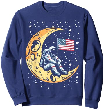 Astronaut Crescent Moon US Flag Space Patriot Men Women Kids Sweatshirt - Sweatshirt | Navy