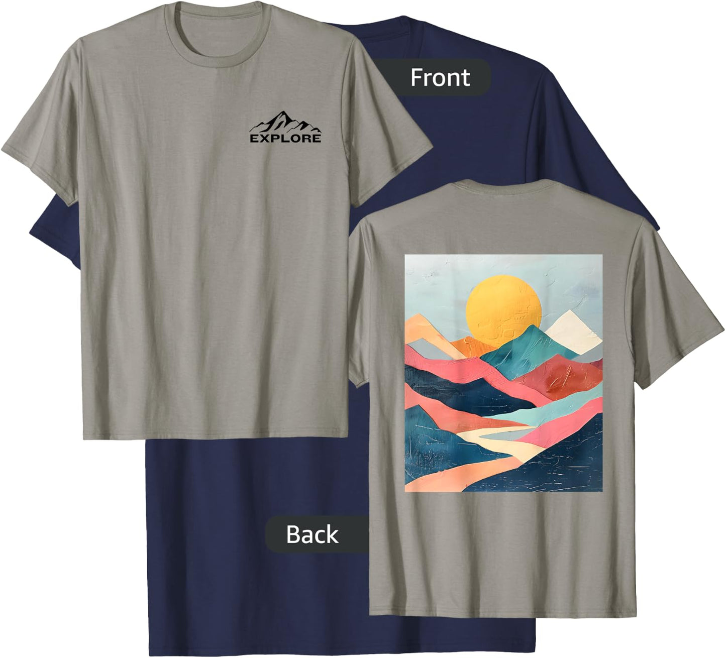 Explore - Mountain Design on Back - Abstract Pastel Colors T-Shirt - T-Shirt | Navy