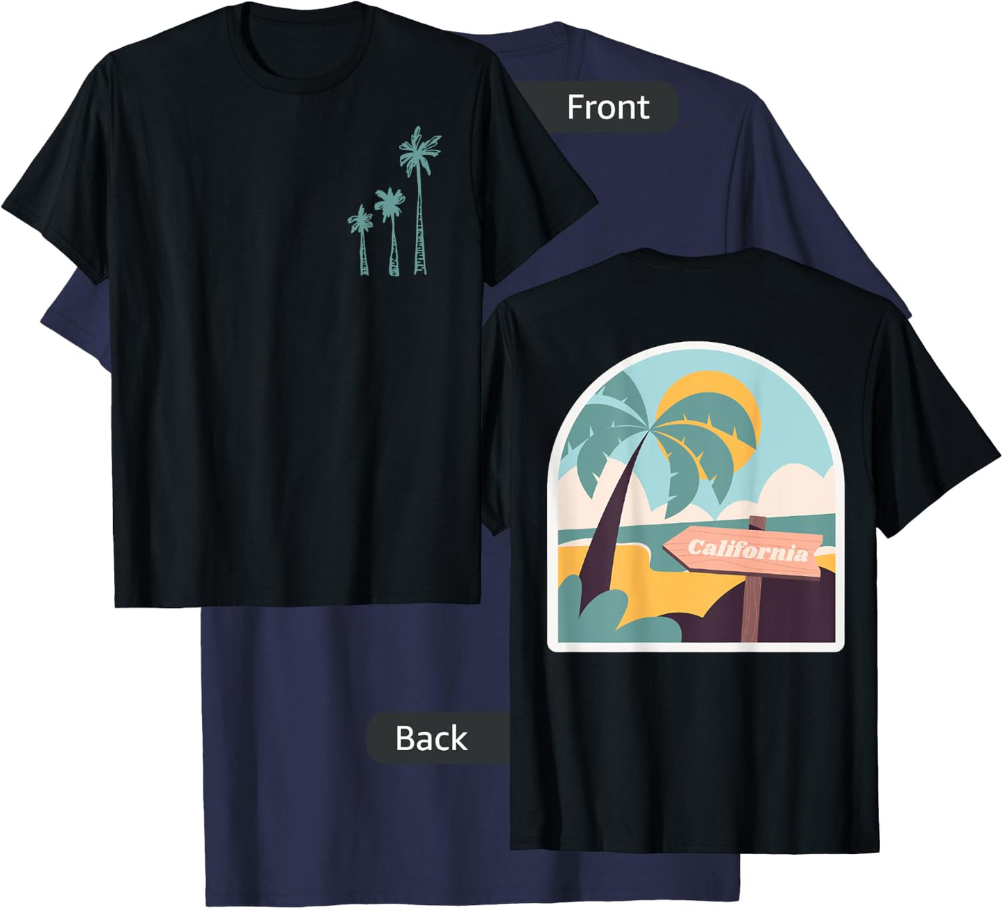 California Palm Trees Front / Back Graphic Print T-Shirt - T-Shirt | Navy