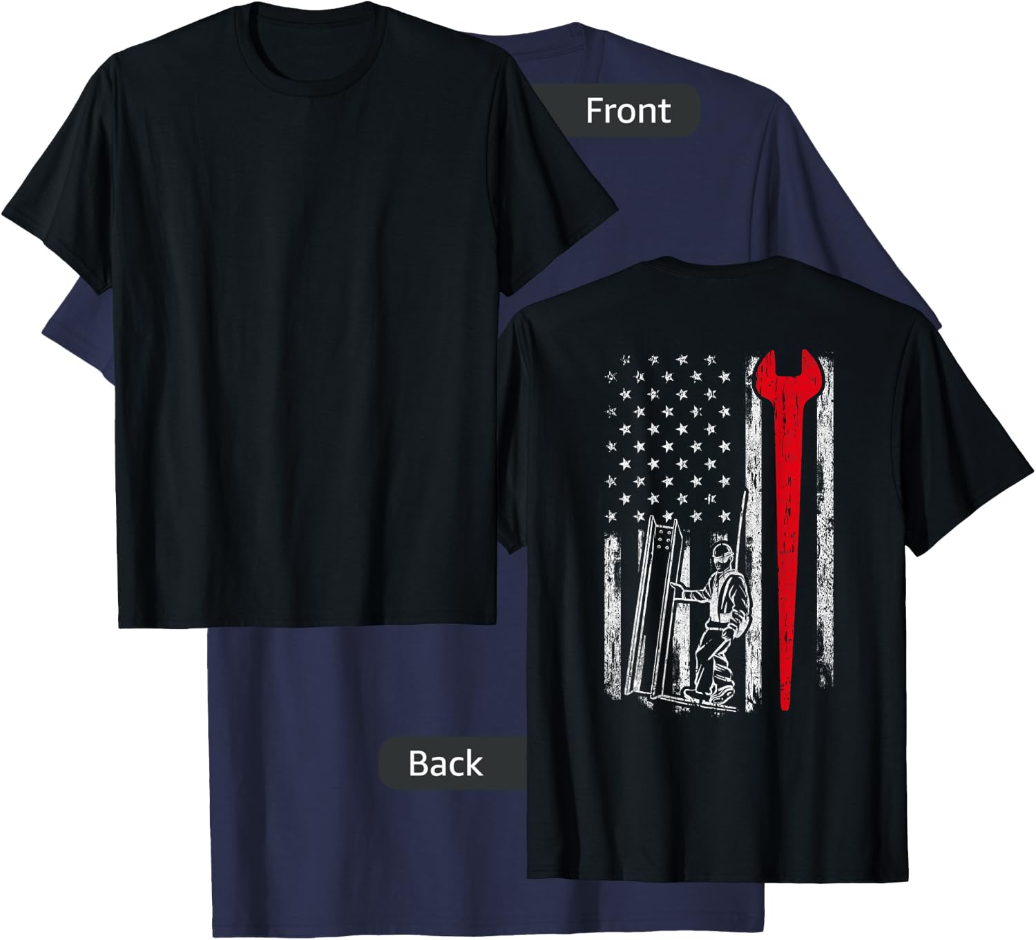 American USA Flag Ironworker Design On Back Vintage Novelty T-Shirt - T-Shirt | Navy