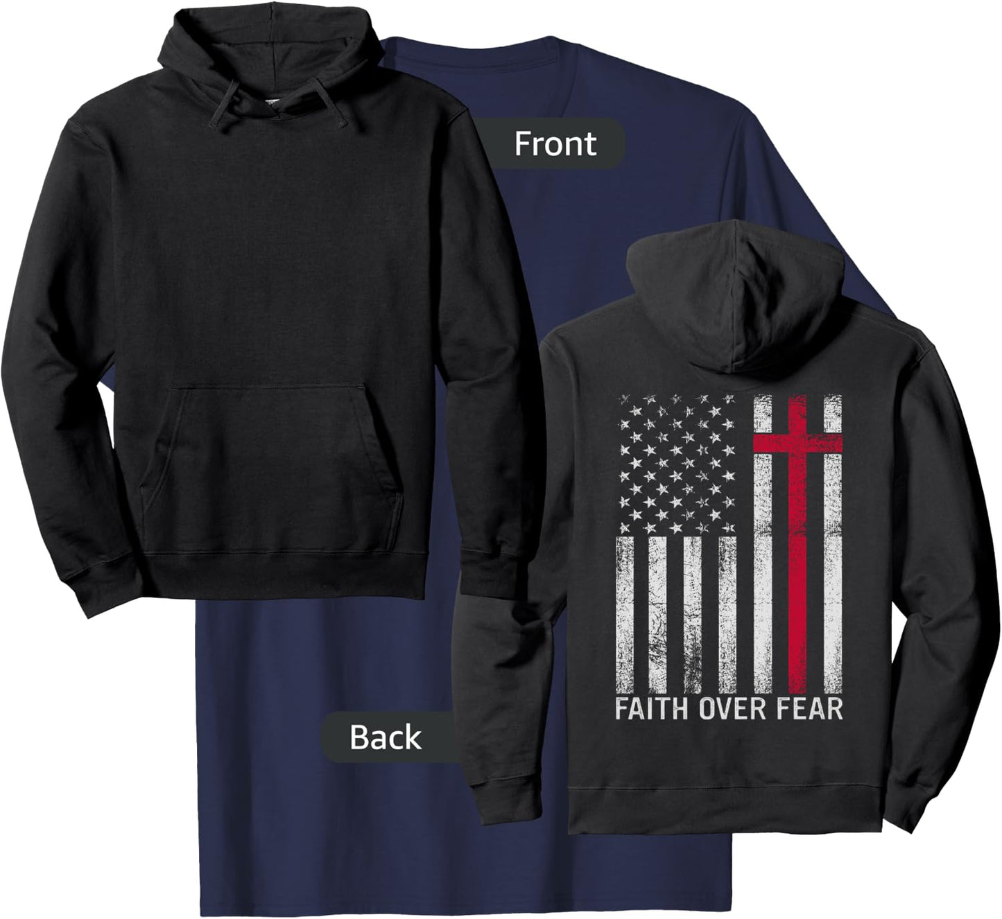 Faith Over Fear Christian Cross American USA Flag (ON BACK) T-Shirt - T-Shirt | Navy