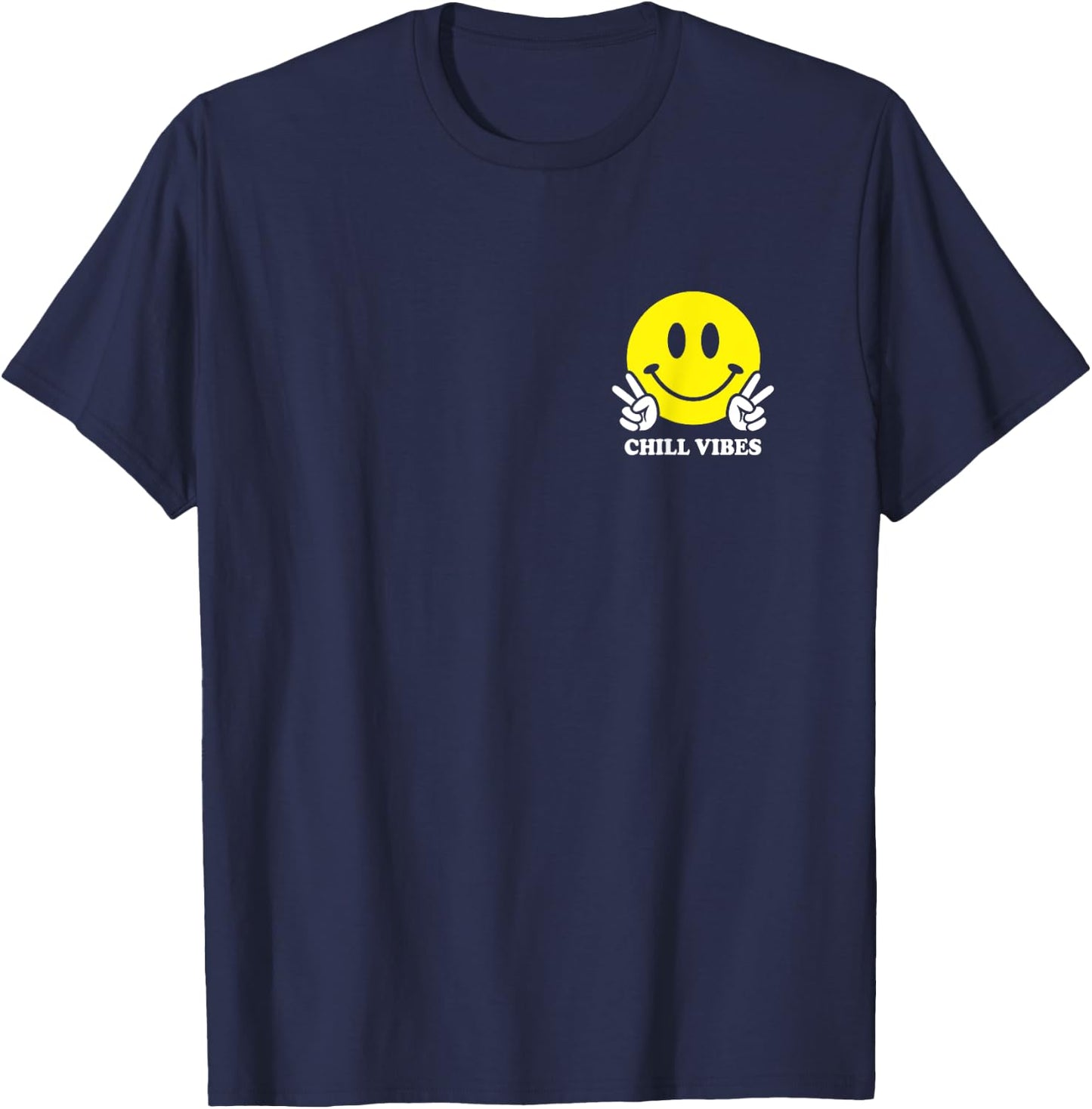Chill Vibes 70s Yellow Smile Face Cute Peace Hand Happy Face T-Shirt - T-Shirt | Navy
