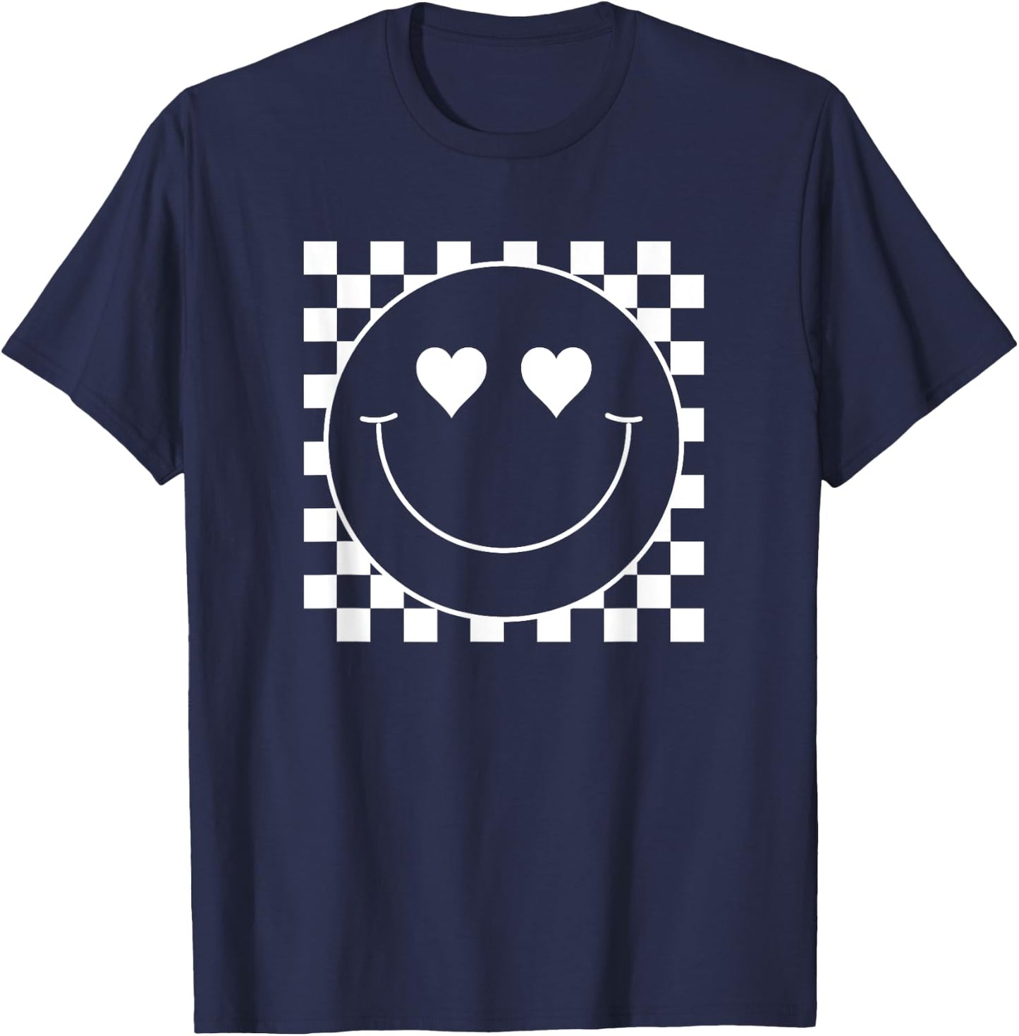 White Checkered 80s Heart Eyes Smile Face Shirt Happy Face T-Shirt - T-Shirt | Navy