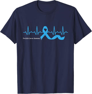 Heartbeat Light Blue Ribbon Prostate cancer awareness suppor T-Shirt - T-Shirt | Navy